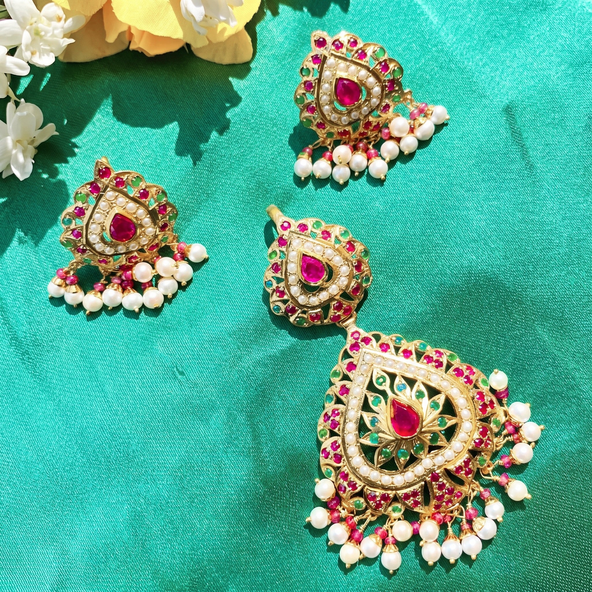 Gold Plated Jadau Pendant Set made in 925 Silver PS 008