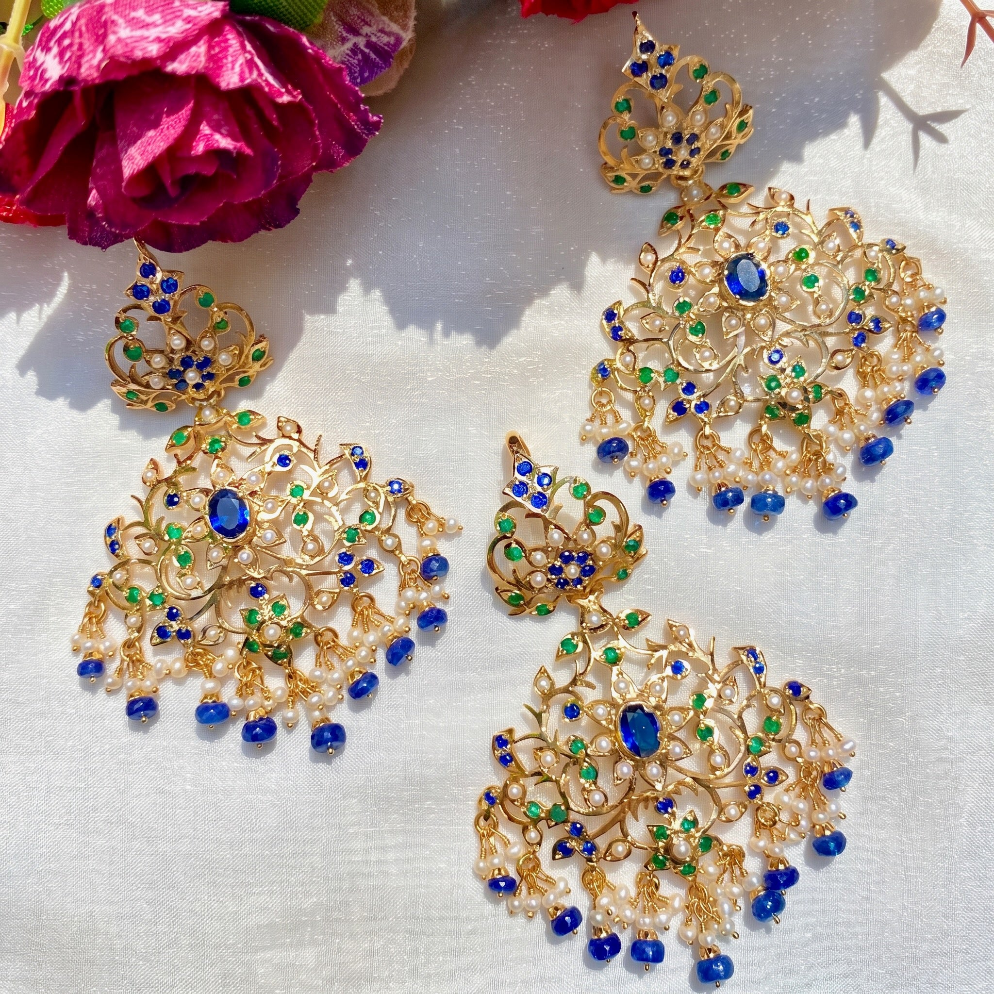 mughal design blue sapphire earrings with gold plating