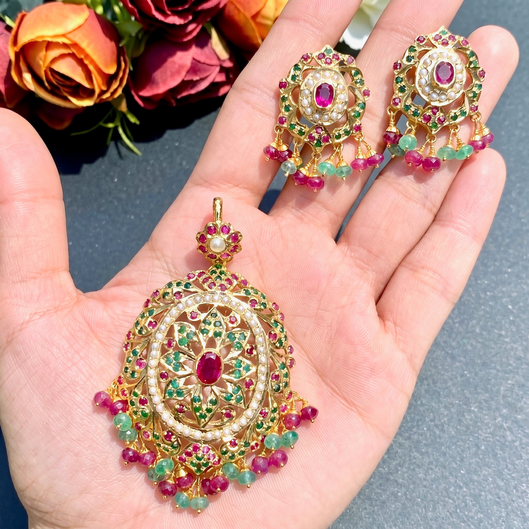 oval jadau pendant set gold plated