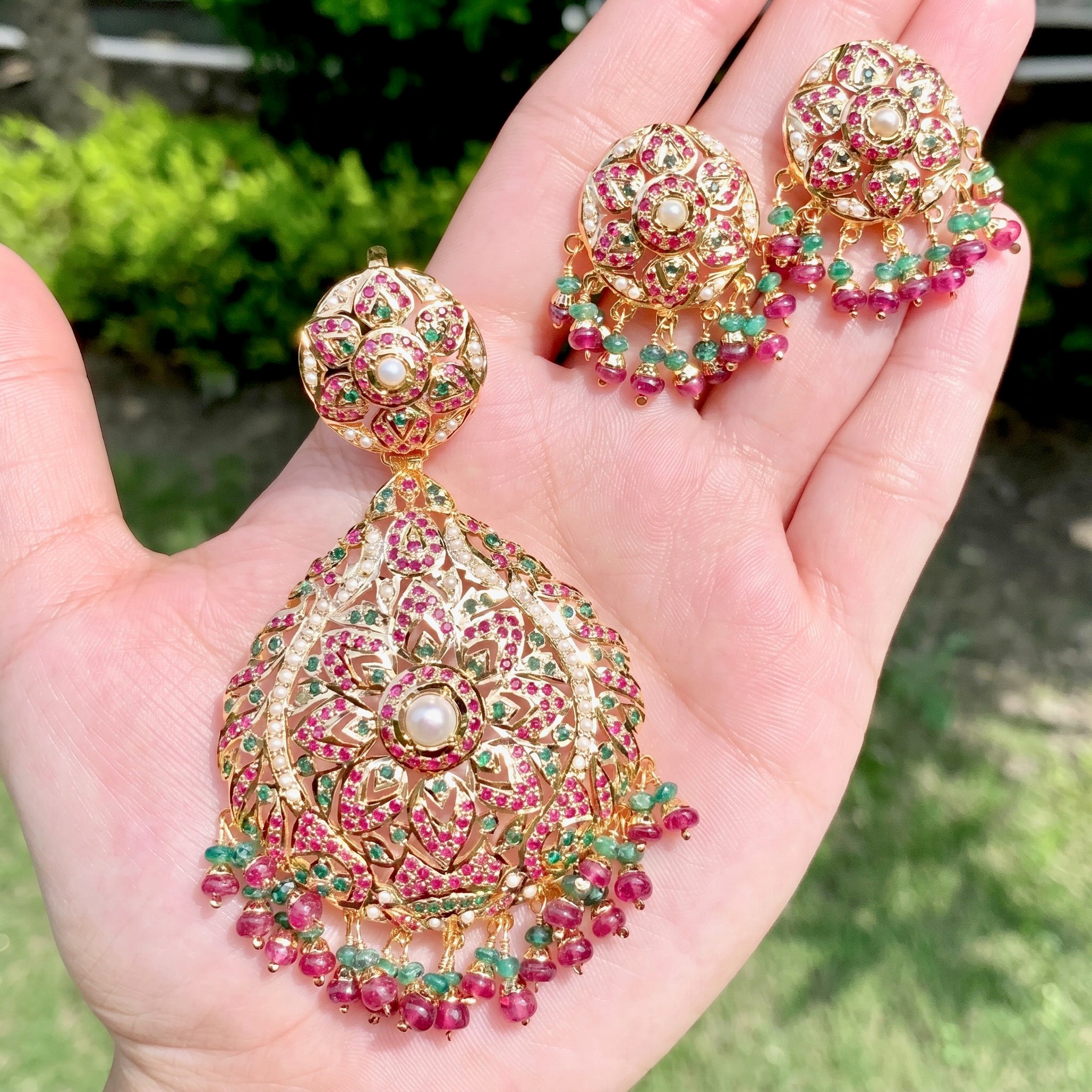Gold Plated Jadau Locket Set | 925 Silver Gold Plated | Multicolored Set PS 103