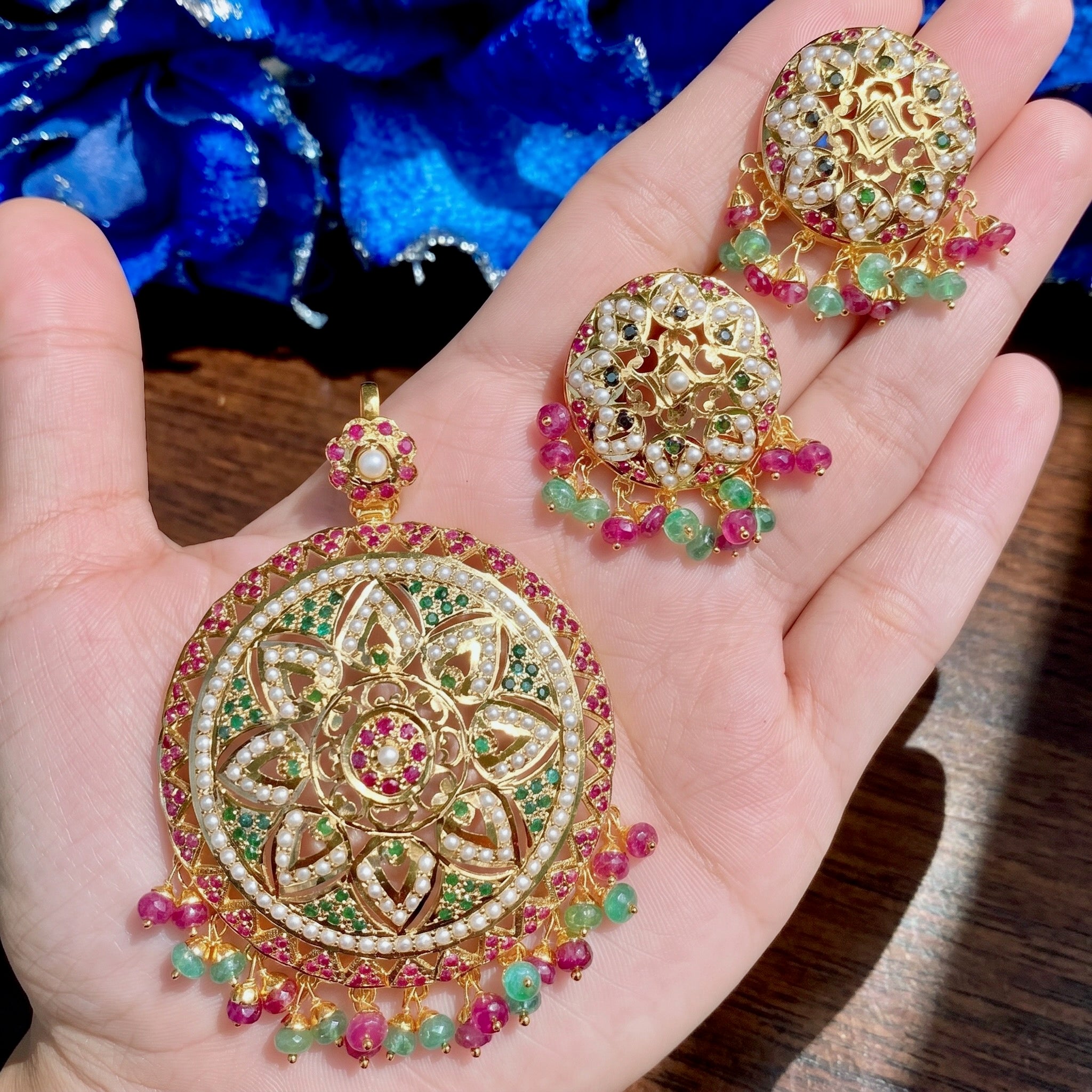 Multicoloured Jadau Pendant Set | Buy Premium Indian Jewelry Sets Online PS 109