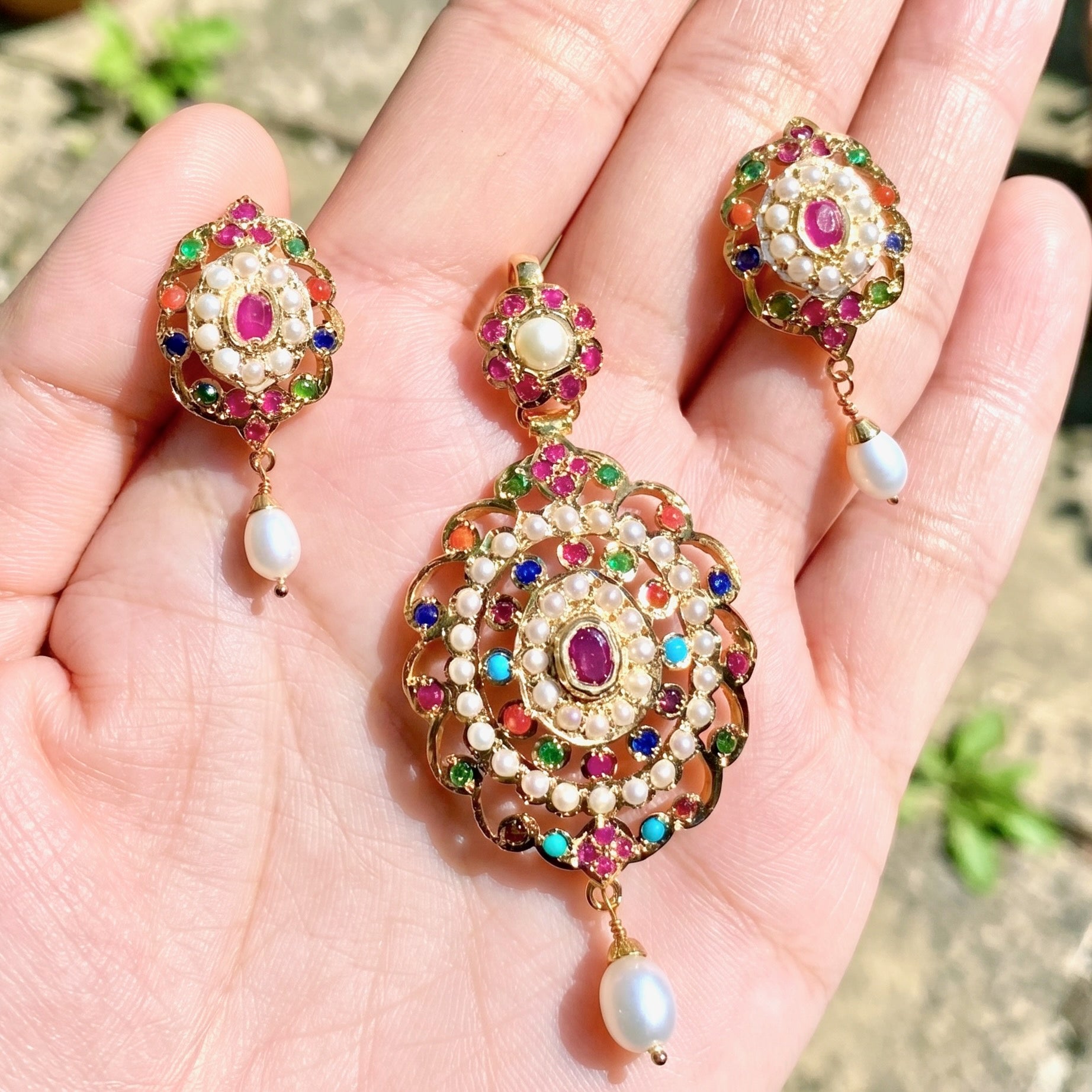 Delicate Navratna Pendant Set | Gold Plated on Silver Base PS 132