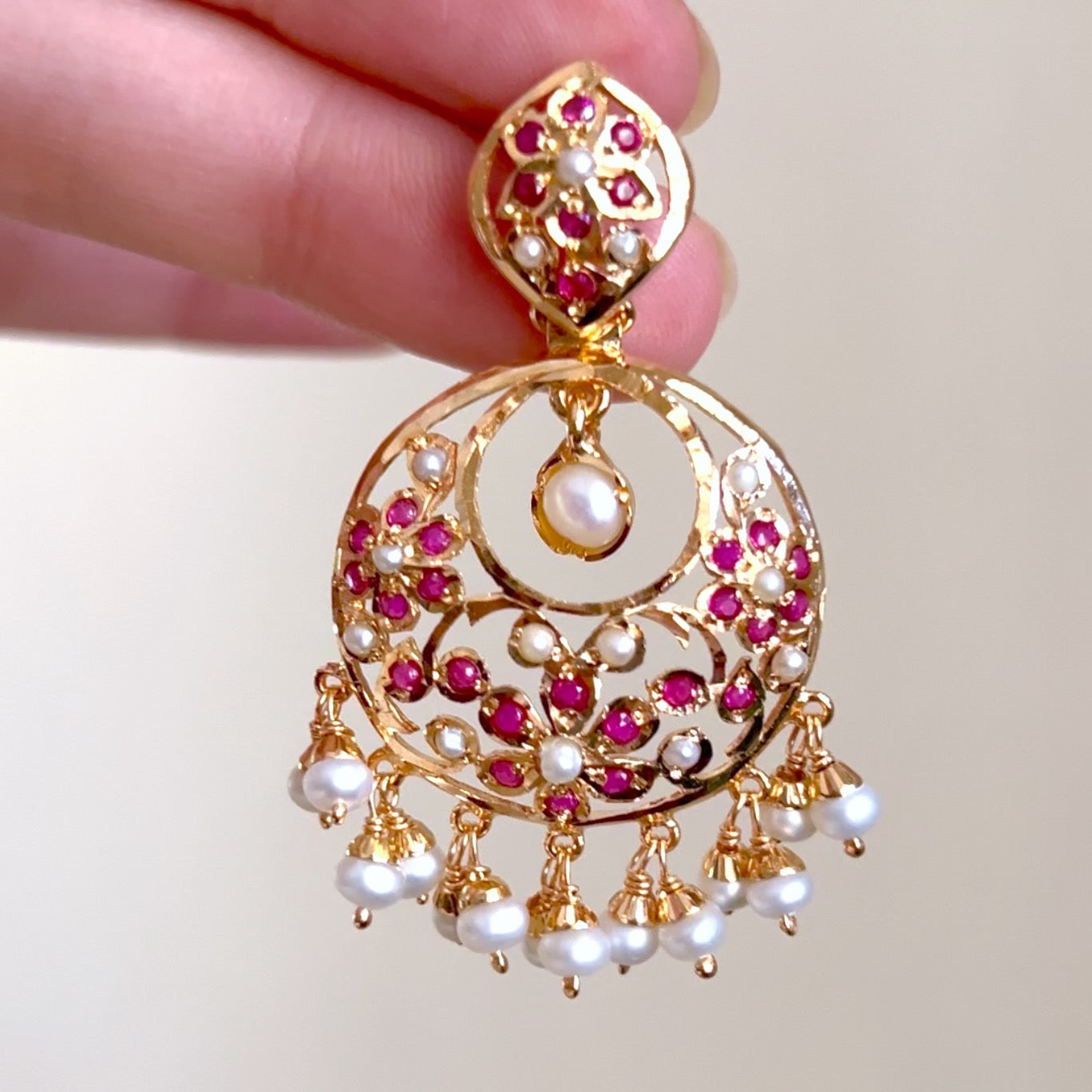 delicate ruby pearl chandbali earrings