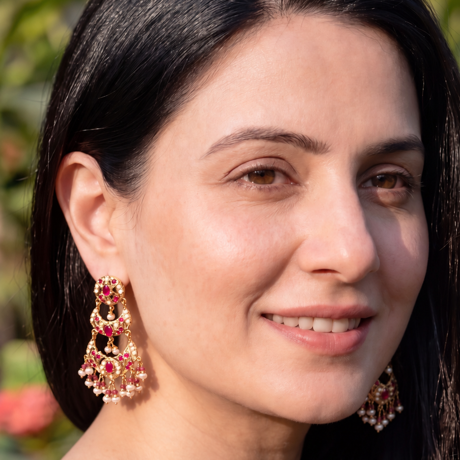 Ruby-Toned & Pearl Tiered Chandbali Earrings | Gold Plated on 925 Silver ER 804