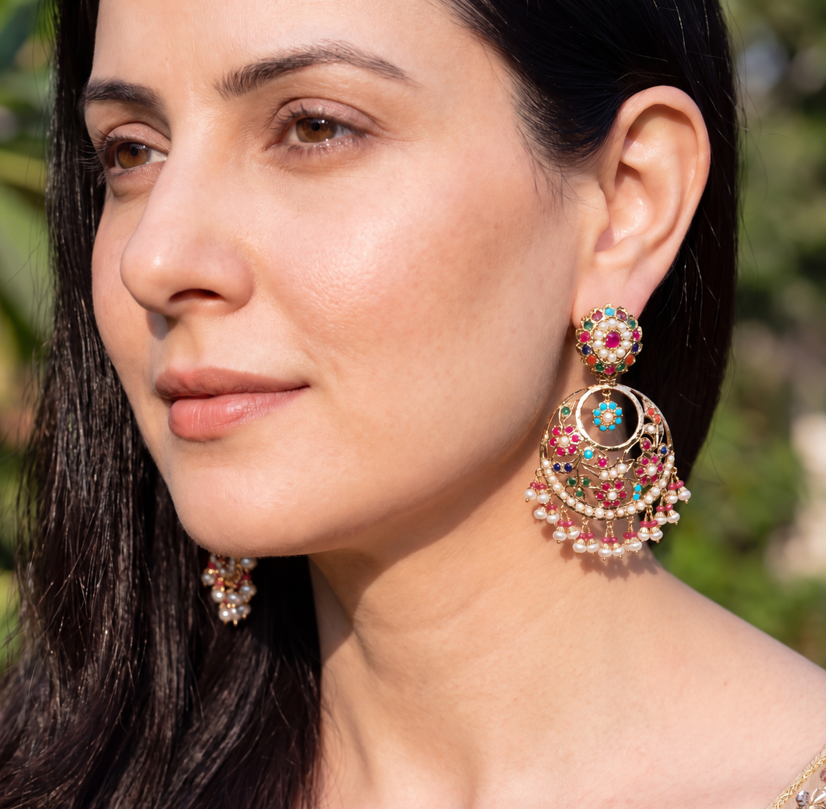 Traditional Punjabi Navratan Chandbali Earrings in Gold-Plated 925 Silver ER 820