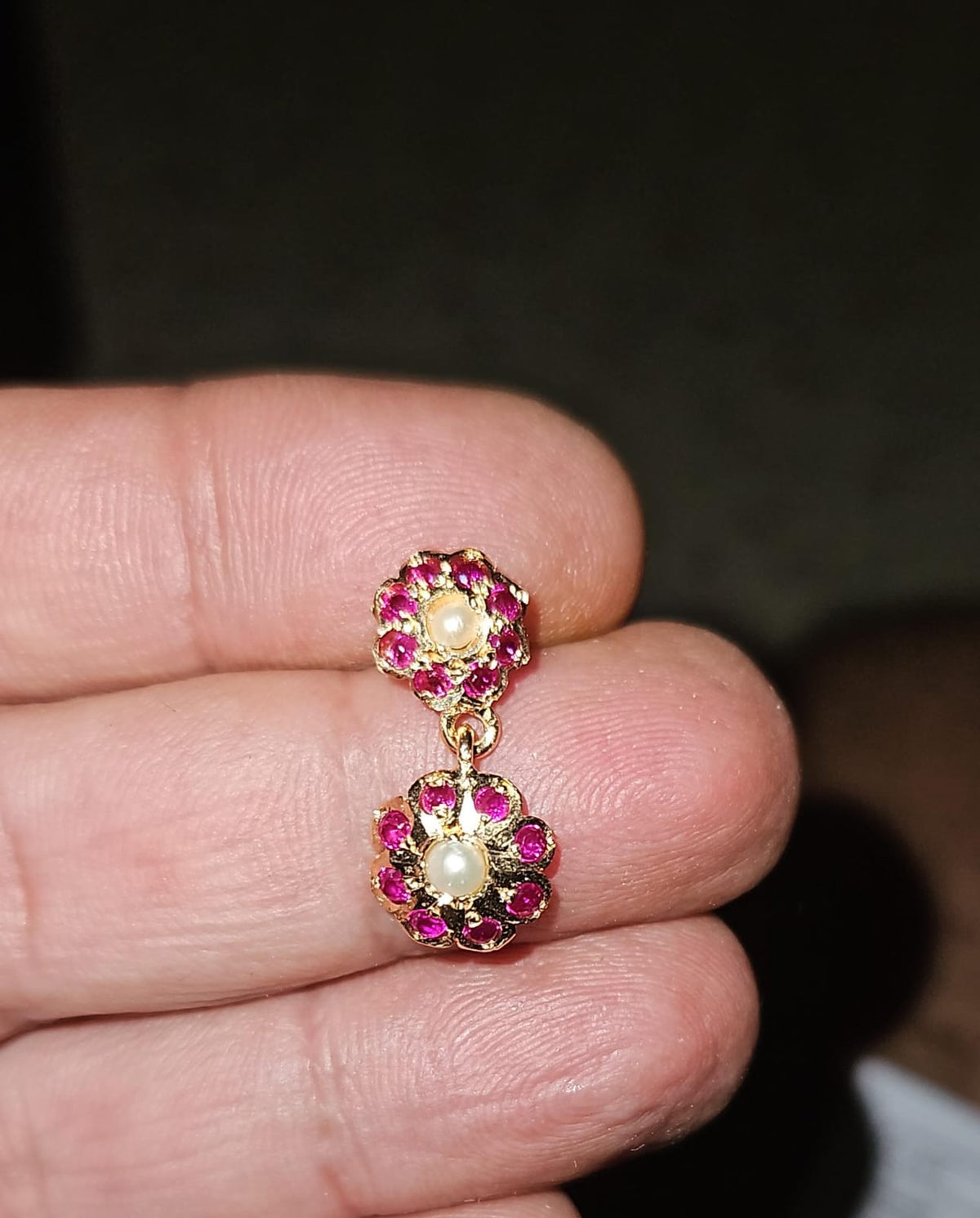 Ruby-Red Stone And Pearl Floral Drop Earrings ER 773