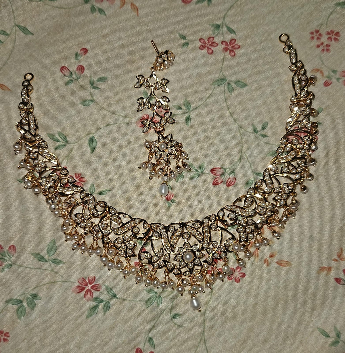 Pearl Drop Jadau-Style Necklace Set | Freshwater Pearls & 925 Silver with Gold Plating NS 481