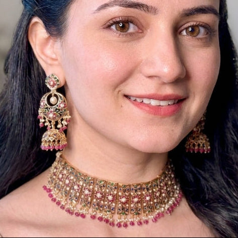 Bridal Choker Paired with Chandbali Earrings | Premium Indian Silver Jewelry | Gold Plated NS 419