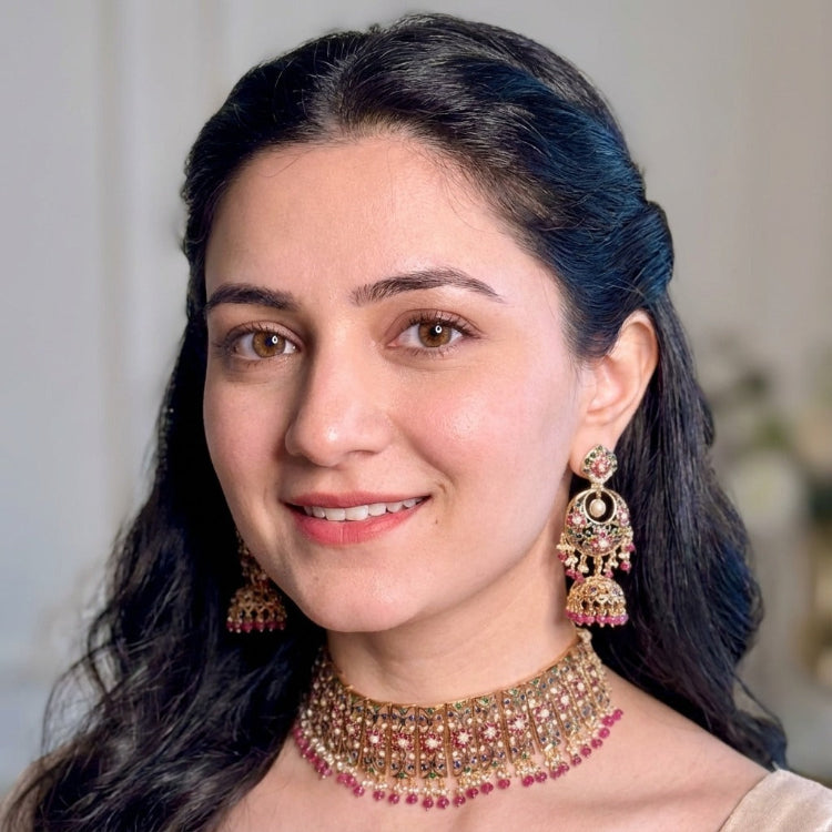 Bridal Choker Paired with Chandbali Earrings | Premium Indian Silver Jewelry | Gold Plated NS 419