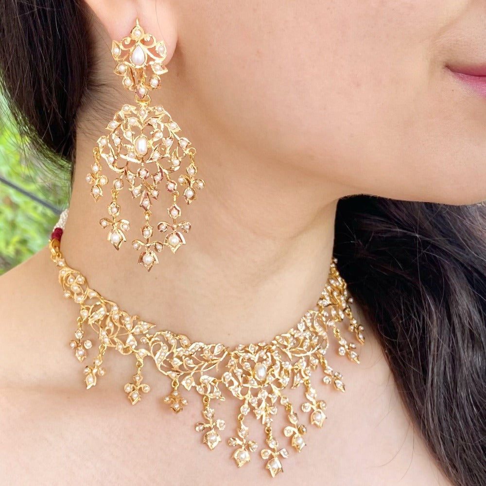 Antiqe Look, Pearl Necklace Set Made in 22k Gold