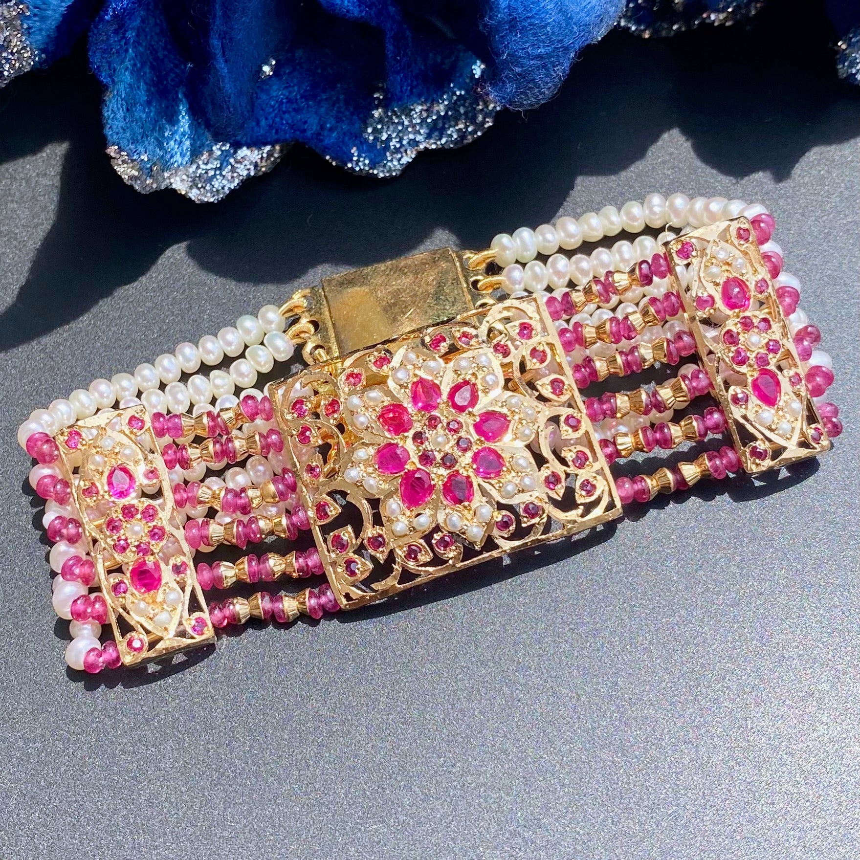 Ruby Red Jadau Bracelet | Gold Plated on Silver | Real Pearl & Ruby Beads BG 115