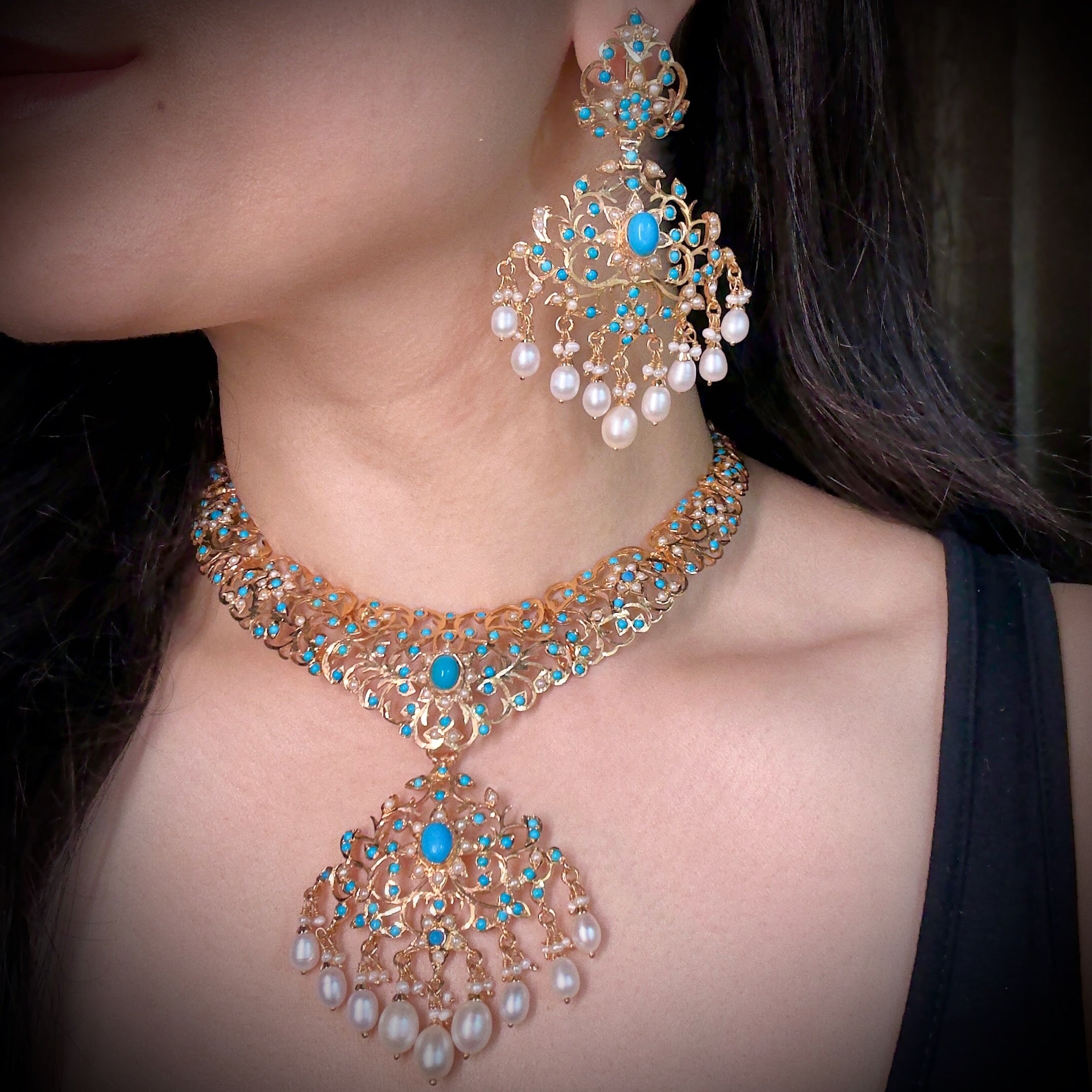 Turquoise Necklace Set | Gold Plated on Silver | Handmade Indian Jewelry Online NS 399