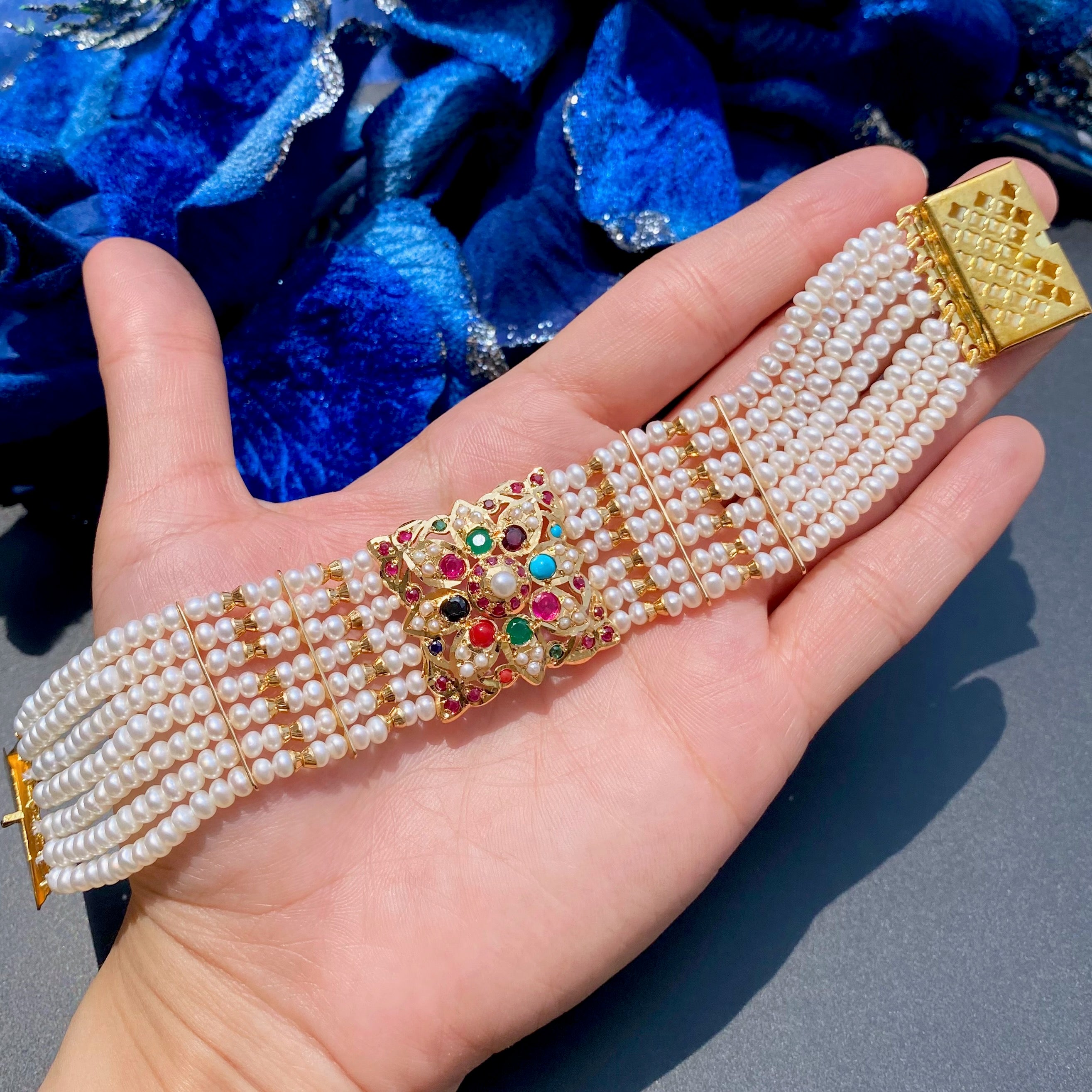 Mughal Style Dasti Bracelet | Gold Plated on Silver | Original Freshwater Pearls
