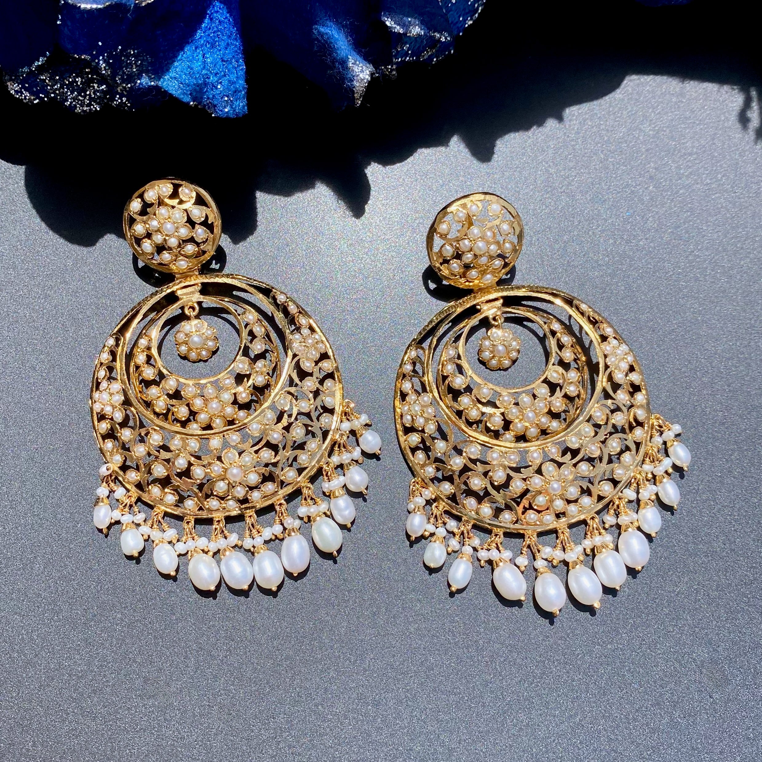 Intricate Jadau Earrings | Antique Design Fusion Jewelry | Authentic Freshwater Pearls ER 585