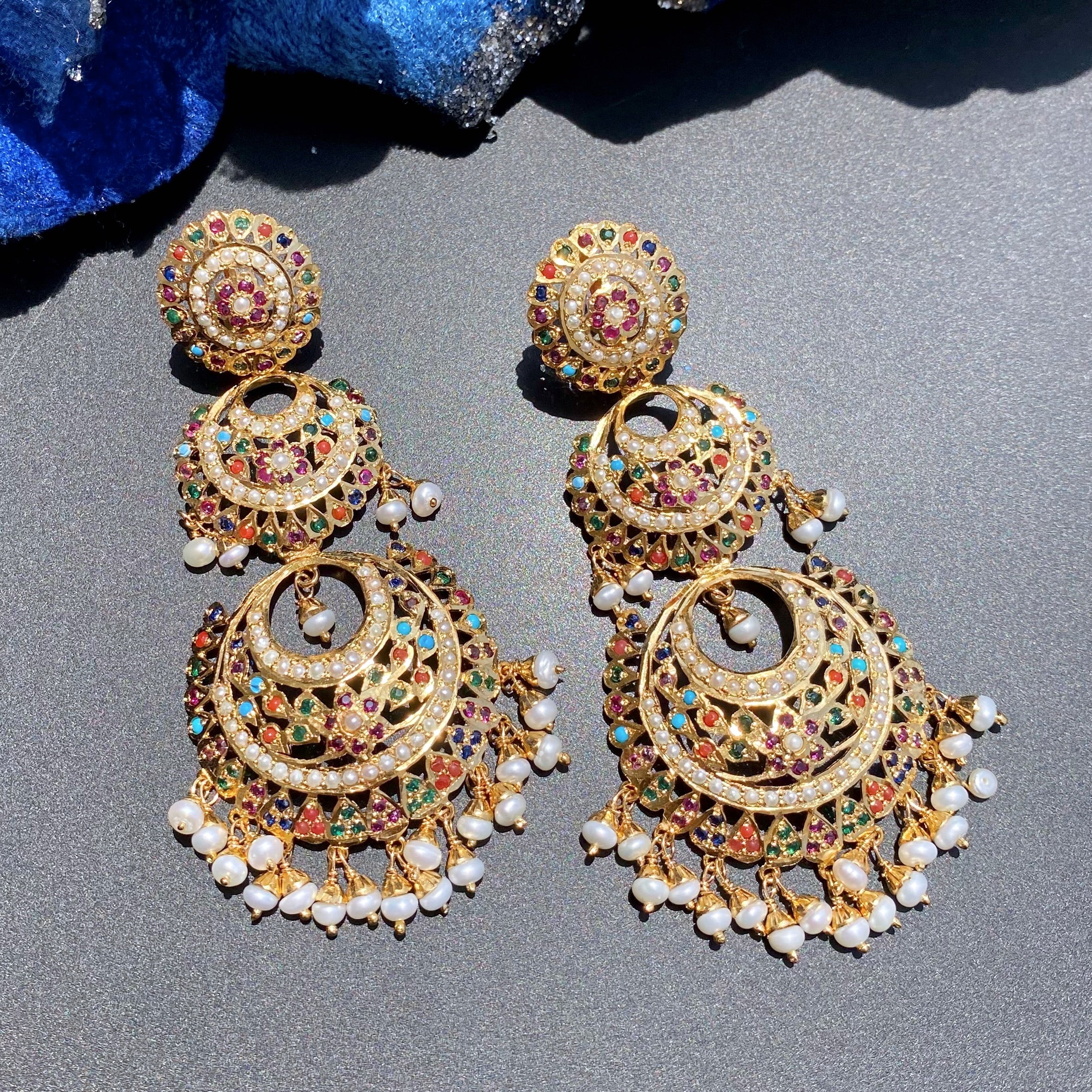 Navratna Double Chandbali Earrings | Gold Plated on Sterling Silver