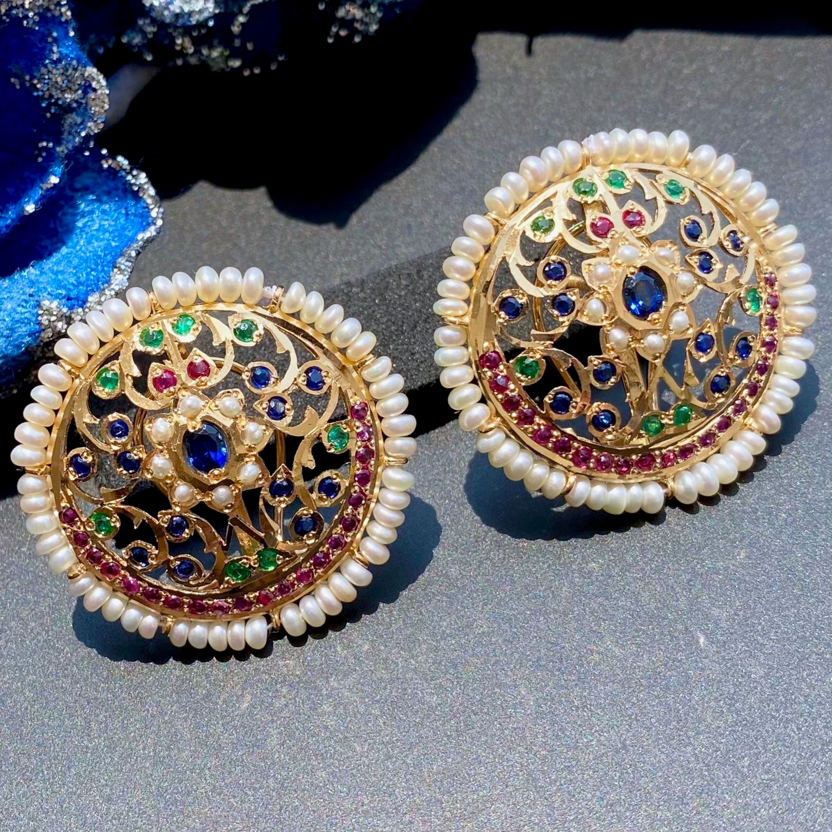 Exquisite Large Round Jadau Studs For Women | Gold Plated on Silver ER 553