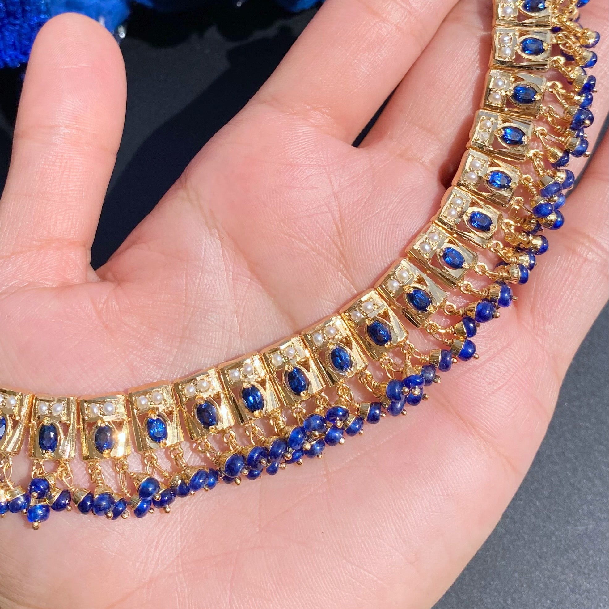 Simple Elegant Jadau Necklace With Jhumka | Gold Plated on Silver | Blue Sapphire & Pearls NS 553
