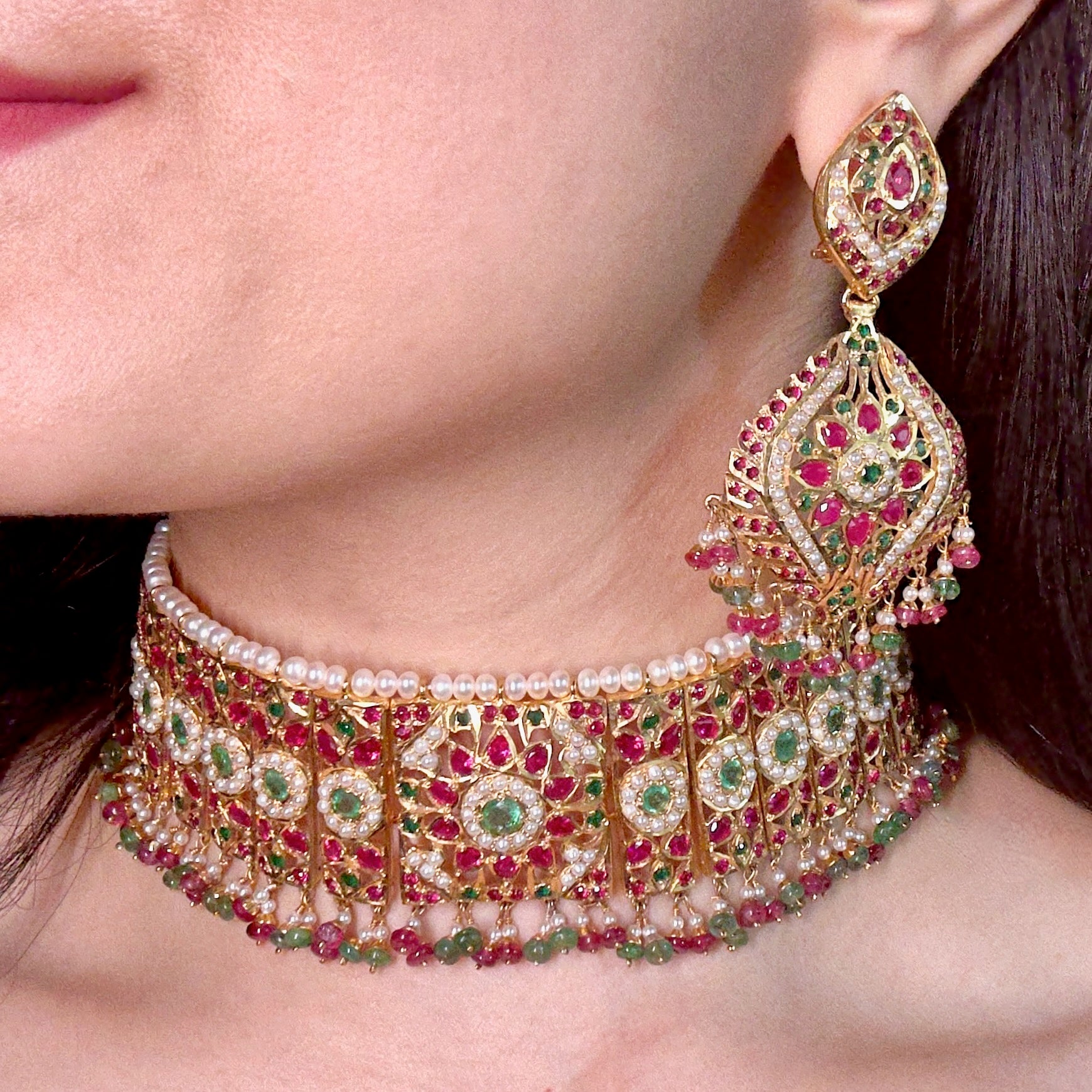 Bridal Jadau Choker Set | Gold Plated on Silver | Classic Indian Jewelry NS 413