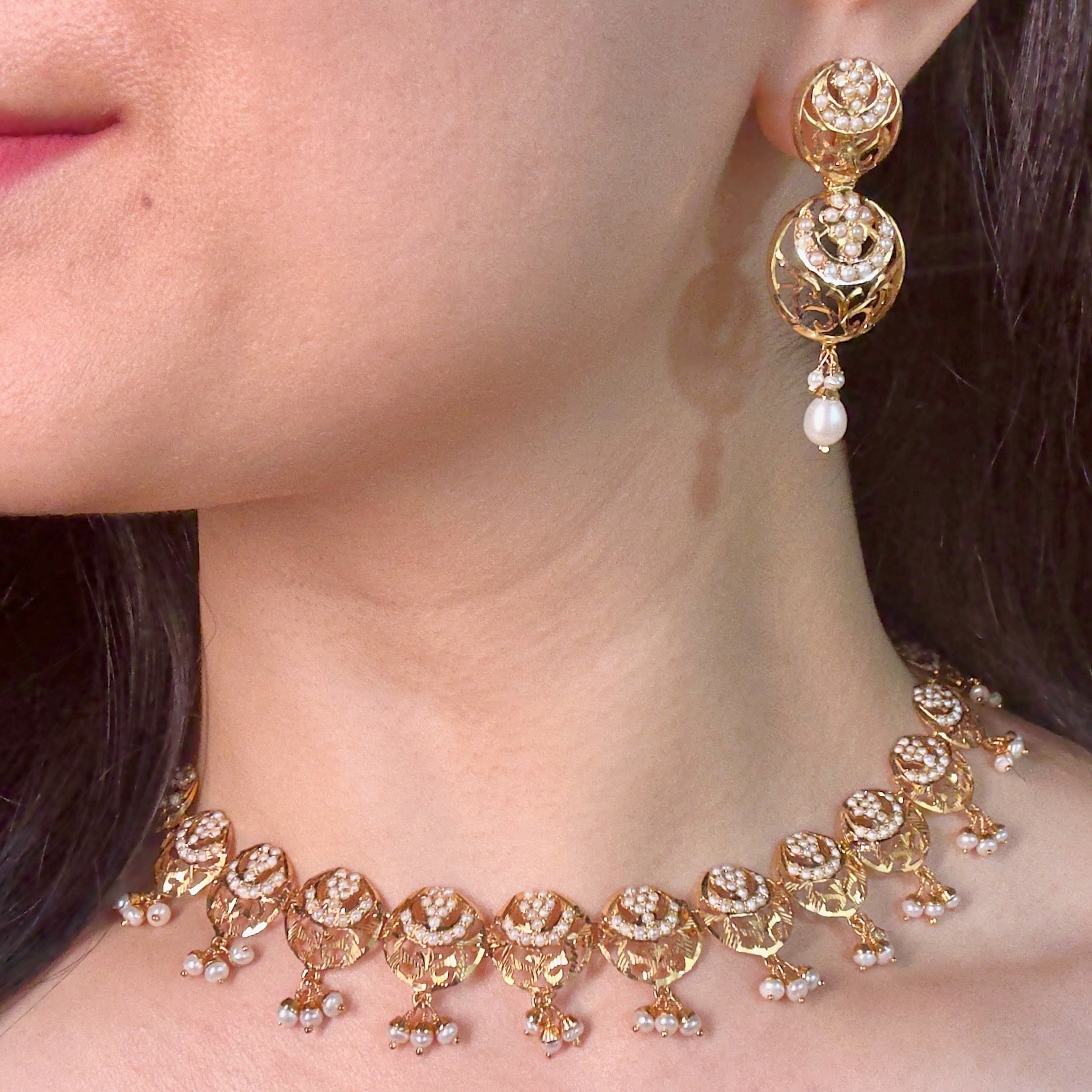 Intricately Designed Necklace Set with Jaali Work | Gold Plated on Silver | Freshwater Pearl Jewelry