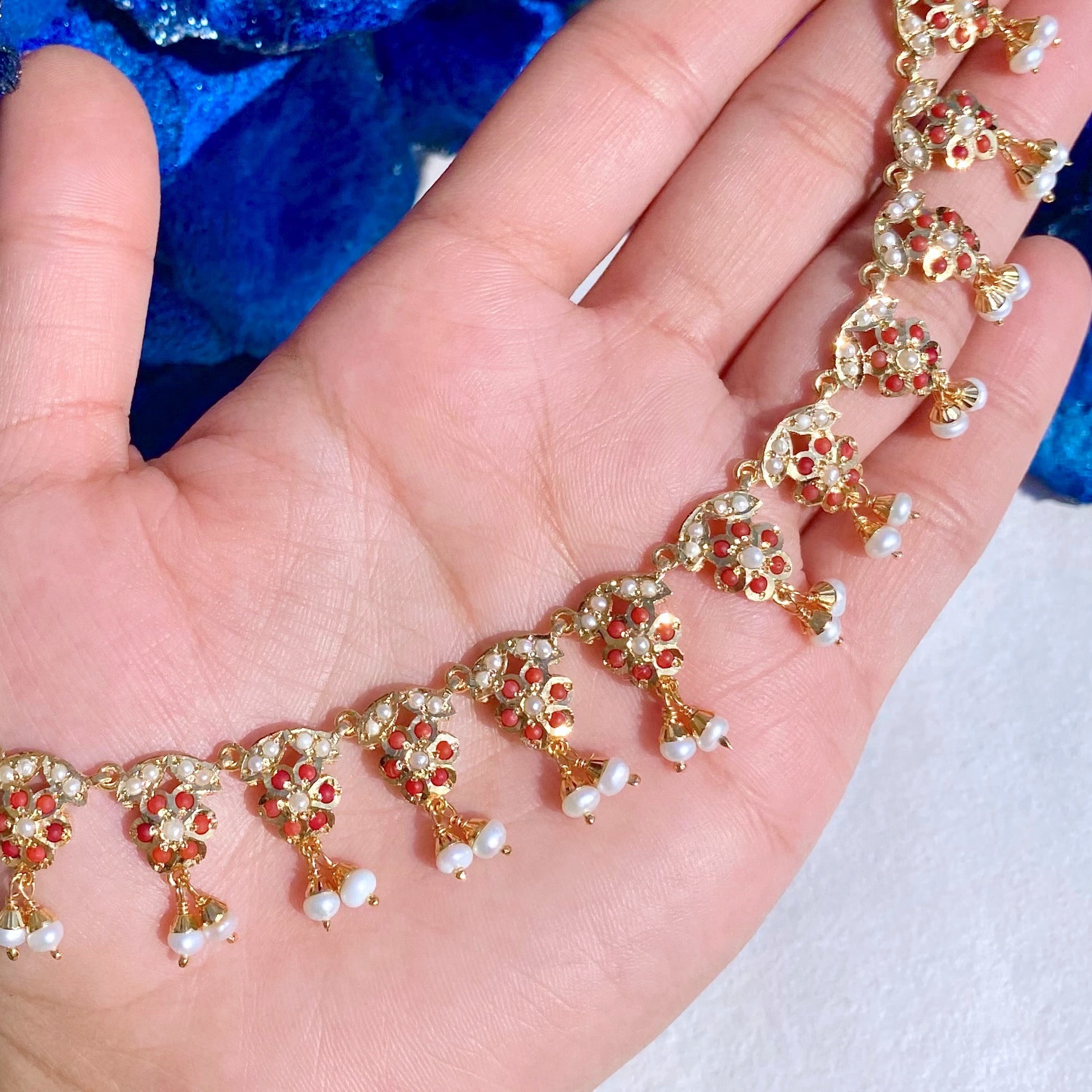 Sleek Pearl Coral Necklace with Small Chandbali Earrings | Gold Plated on Silver NS 390