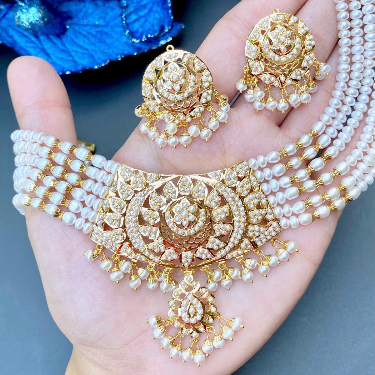 festive wear pearl choker set in 18k gold