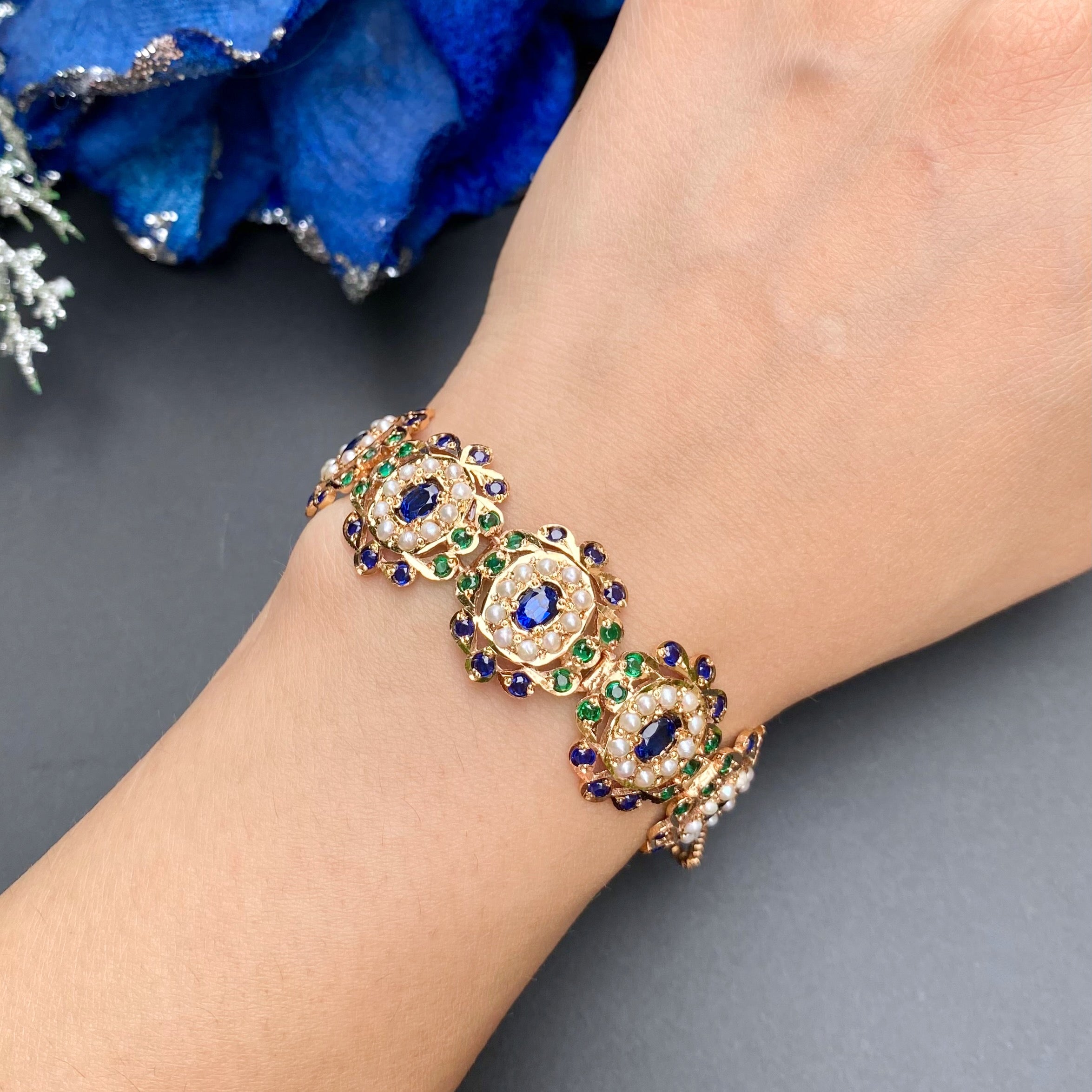 Silver Bracelet For Women & Girls | Jadau Wristlet with Blue Green Stones