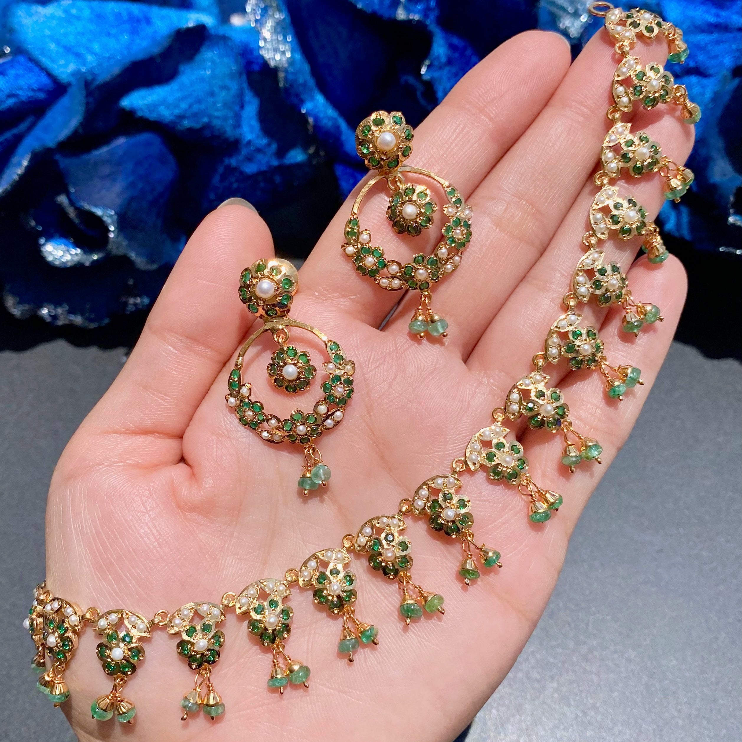 Delicate Emerald Green Necklace Set | 925 Silver with Gold Plating | Fine Indian Fashion Jewellery Set NS 378