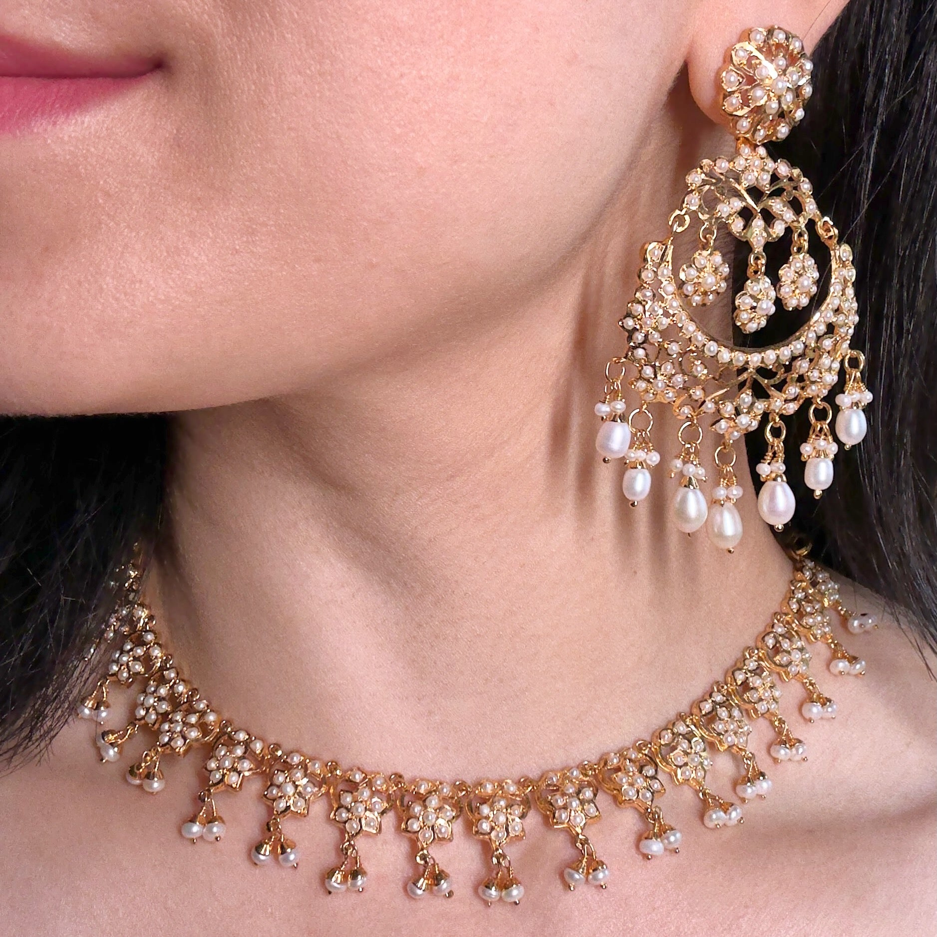 Delicate Necklace with Statement Chandbali Earrings | Traditional Indian Jewelry on Gold Plated Silver NS 447