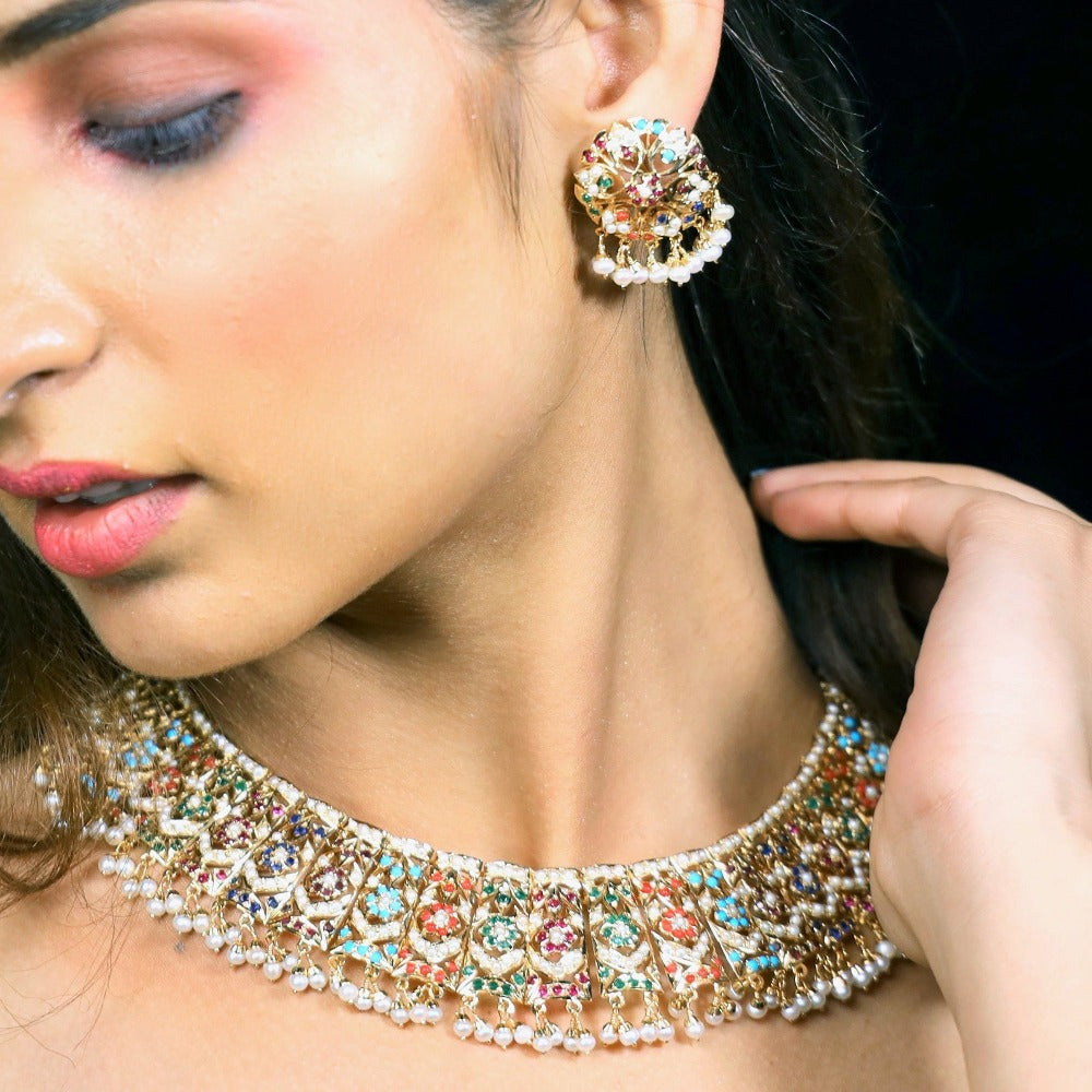 designer navratna necklace on silver