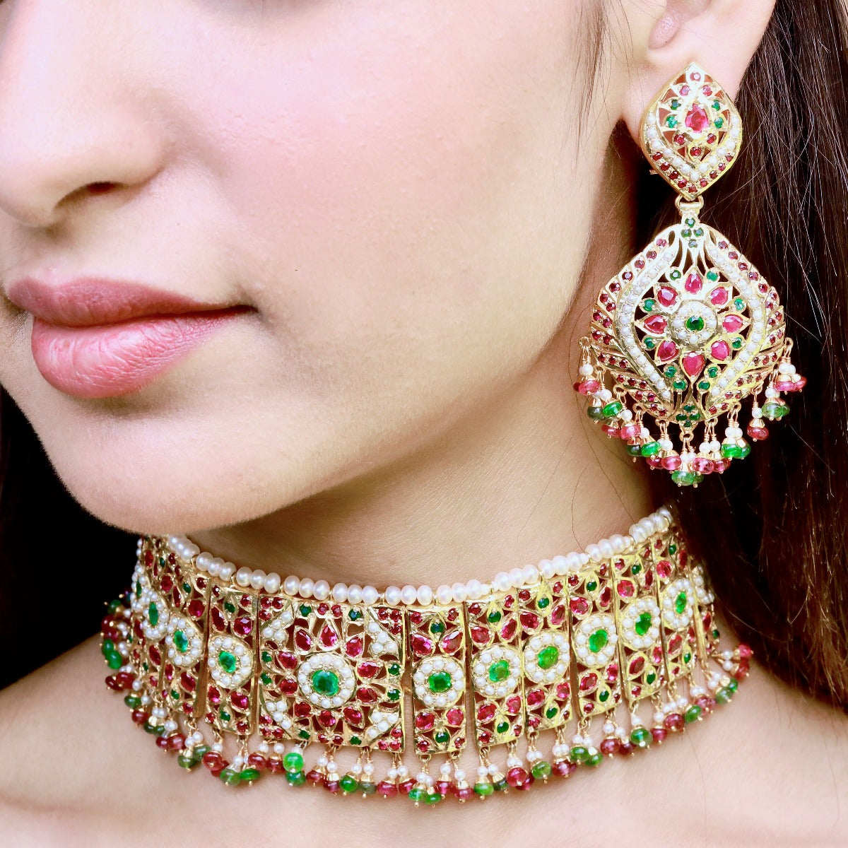 Bridal Jadau Choker Set | Gold Plated on Silver | Classic Indian Jewelry NS 413