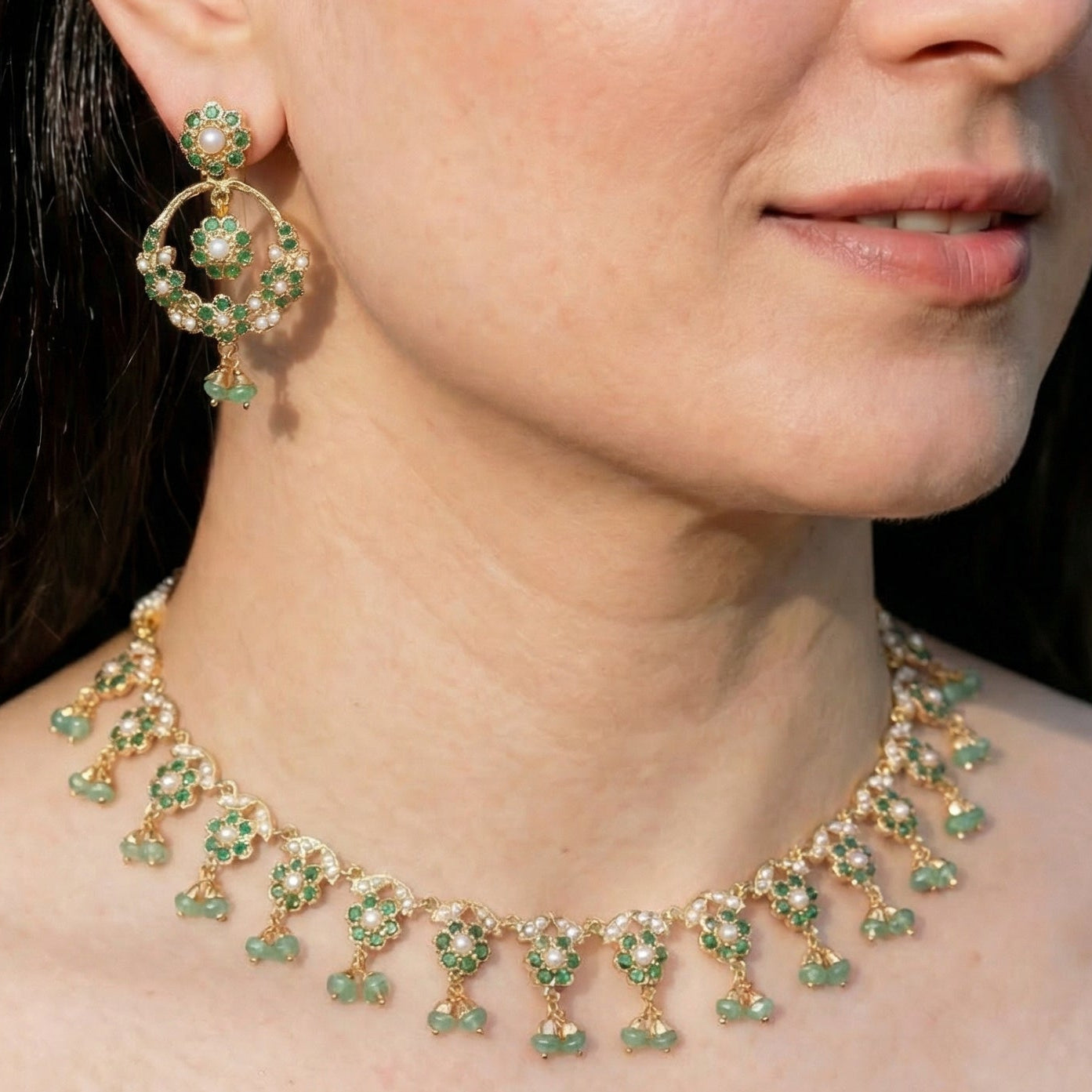 Delicate Emerald Green Necklace Set | 925 Silver with Gold Plating | Fine Indian Fashion Jewellery Set NS 378