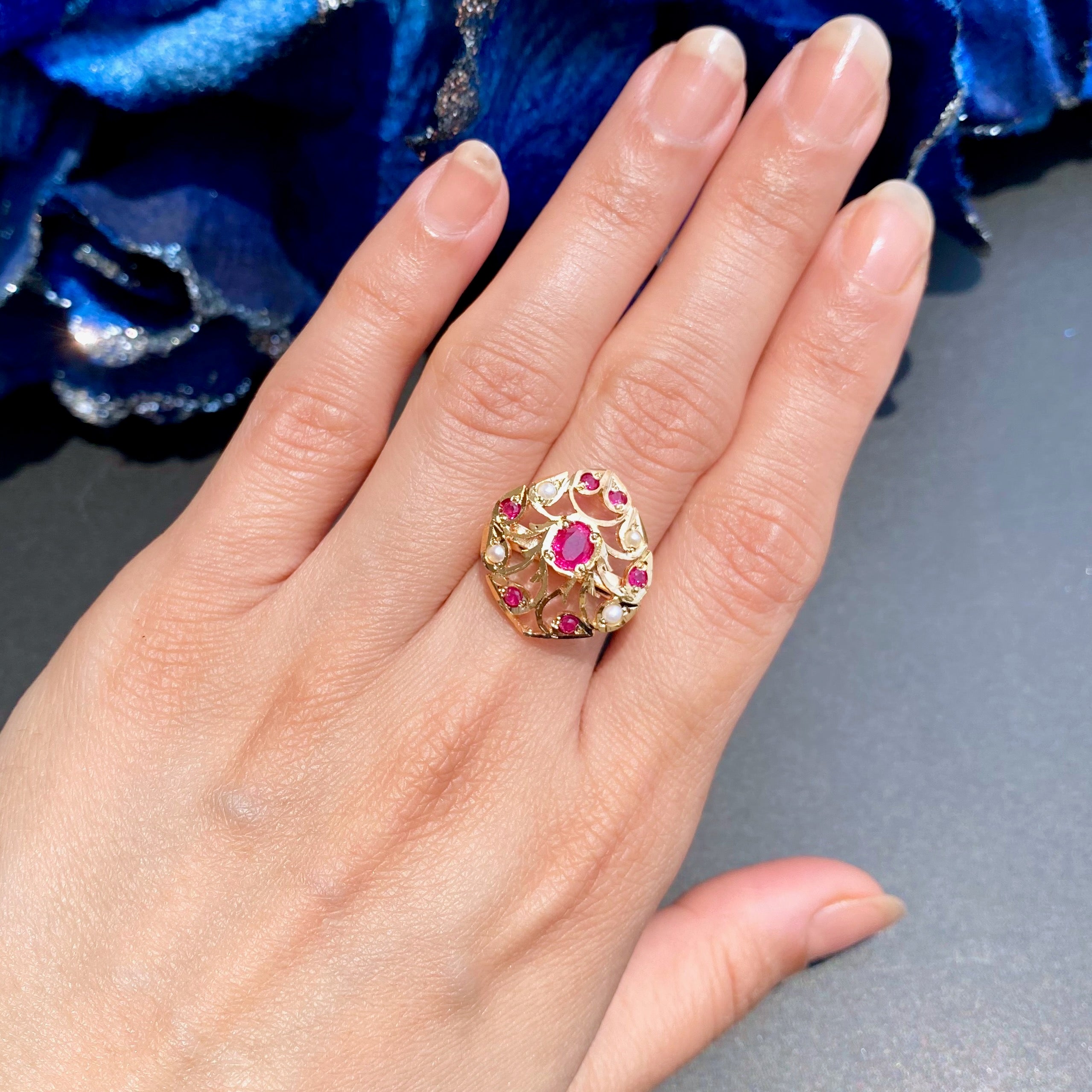 Dainty Women's Ring on Silver | Gold Plated | Ruby Red & Pearls Combination LR 099
