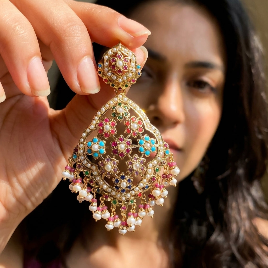 Navaratan Jadau Earrings | Gold Plated Silver | Statement Danglers ER 127