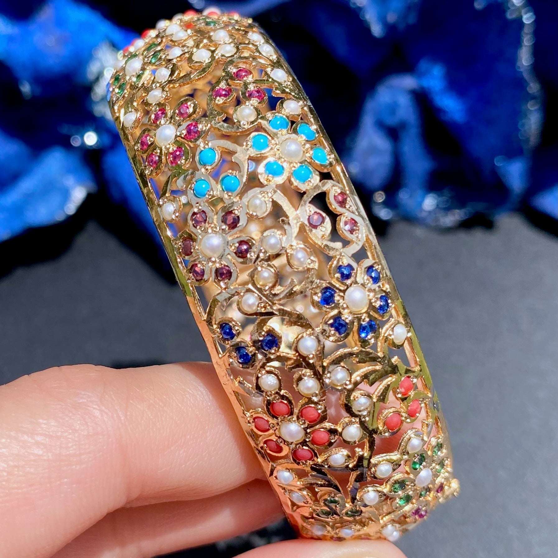 Floral Navratna Kada on 925 Silver Base with Gold Plating BG 175