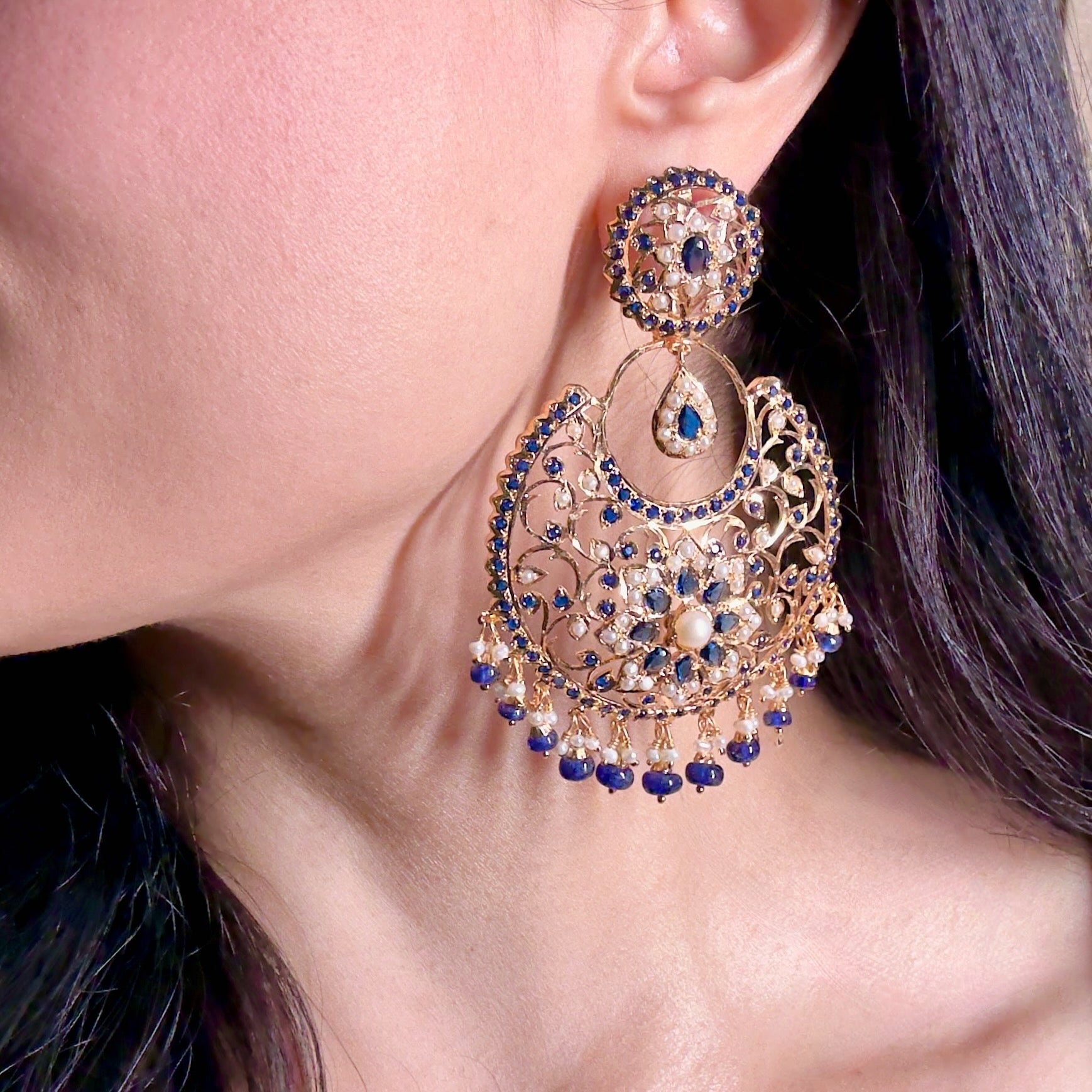 Magnificient Blue Sapphire Chandbalis | Gold Plated on Silver ER 557