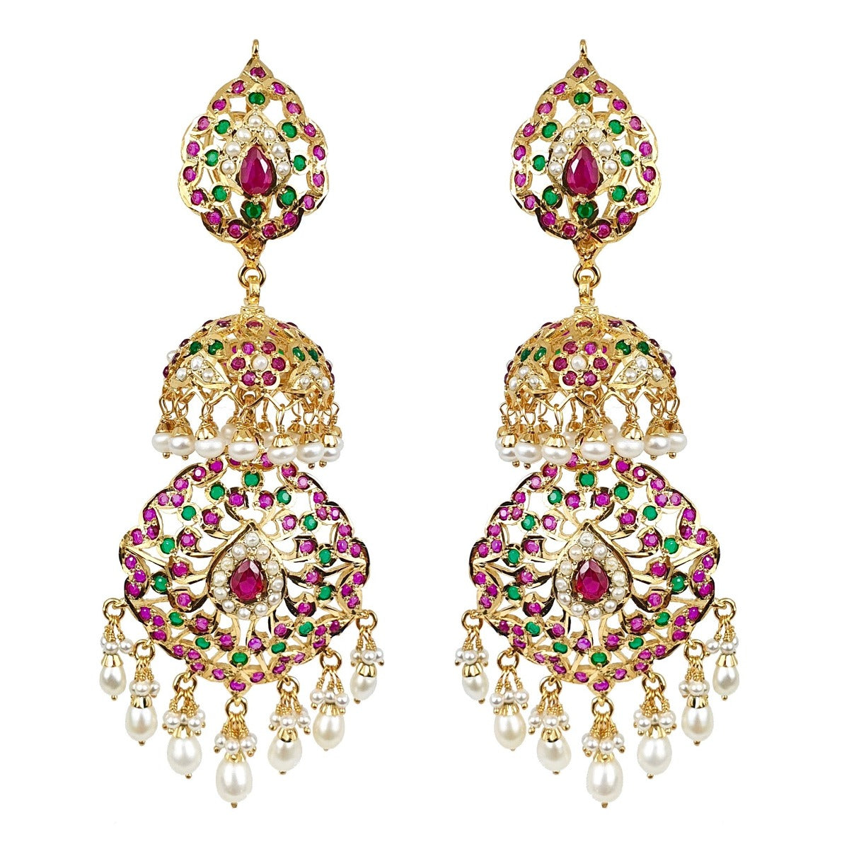 Long Ruby Emerald Jadau Jhumka | Gold Plated 925 Silver ER 021
