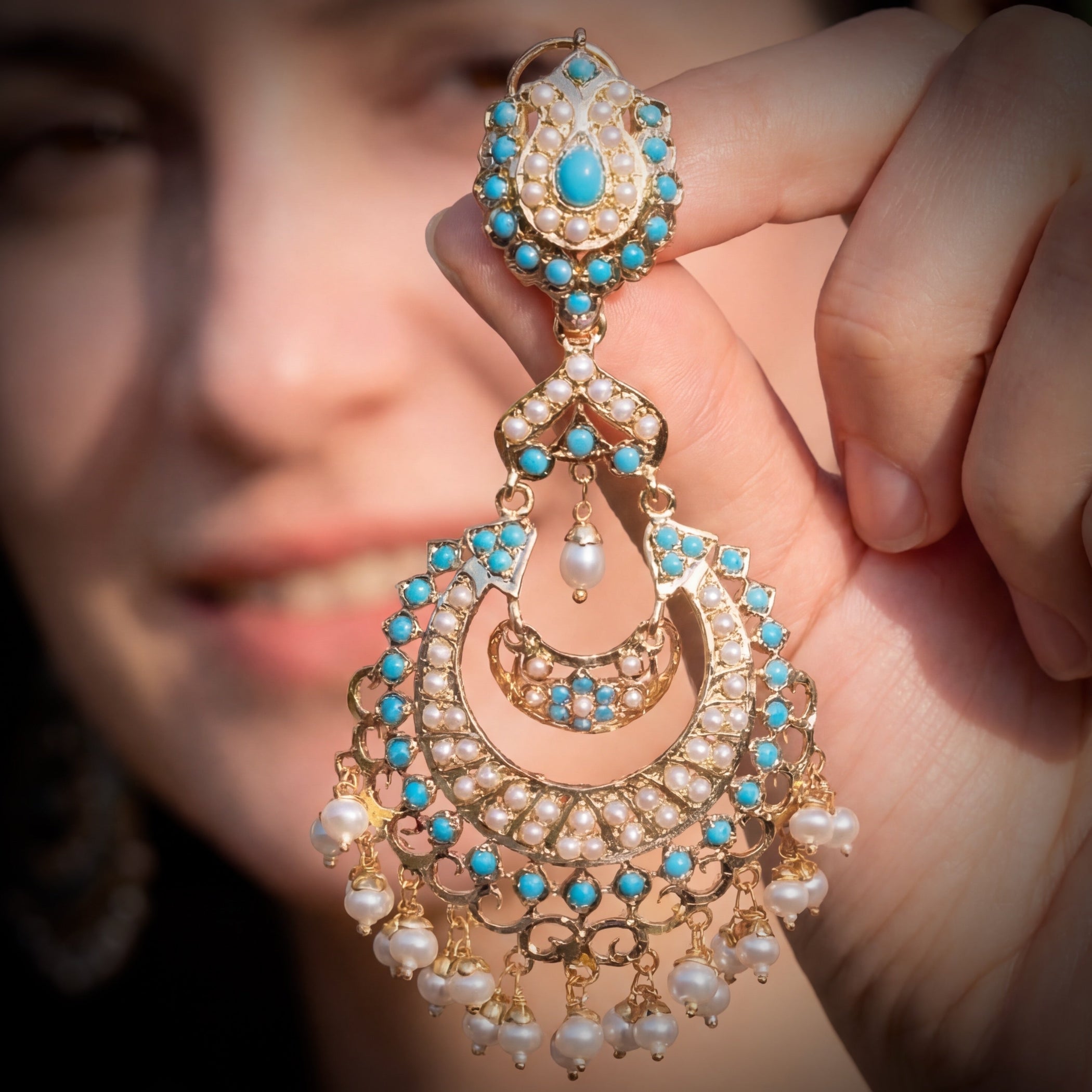 Pearl & Feroza Studded Chandbali Danglers | Ethnic Indian Jadau Jewelry ER 608