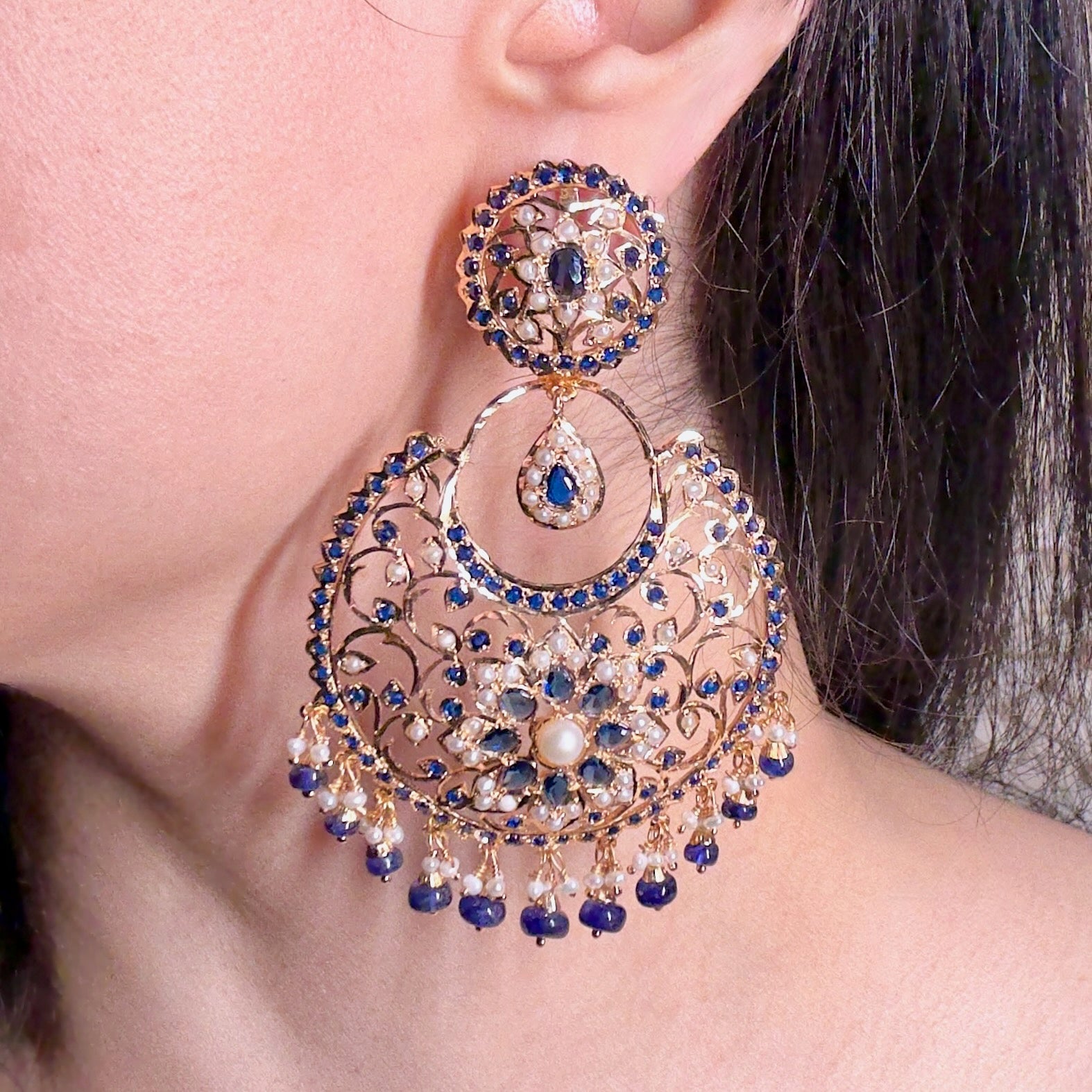 Magnificient Blue Sapphire Chandbalis | Gold Plated on Silver ER 557