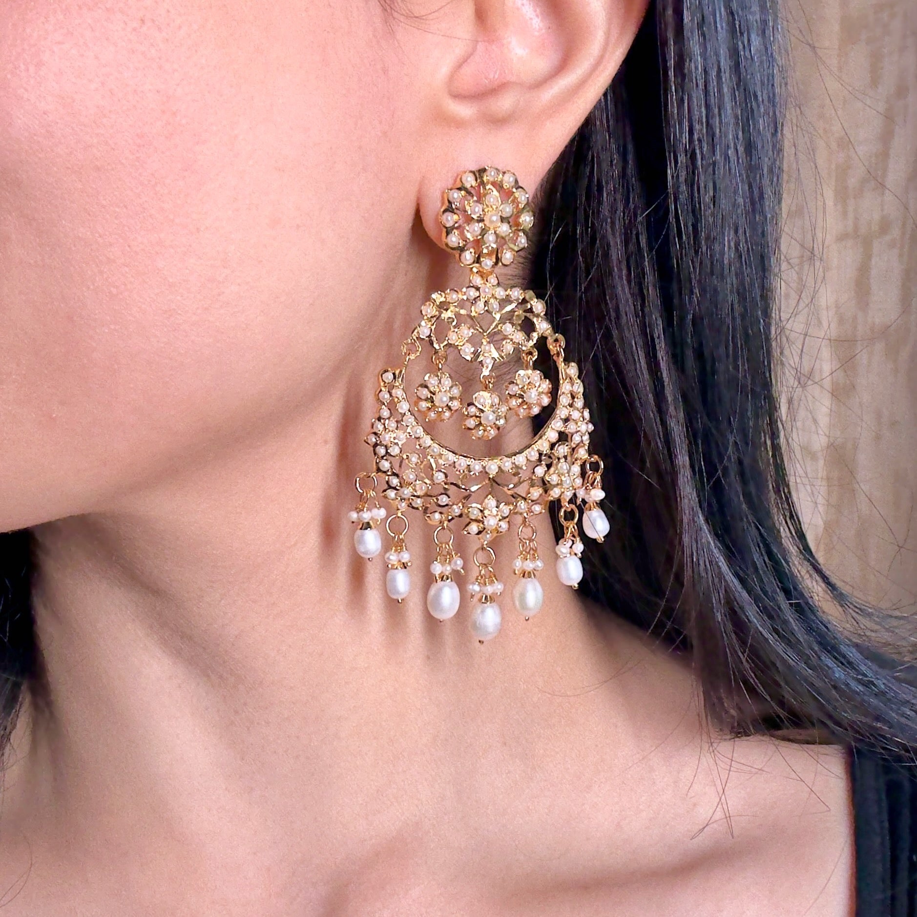 Exquisite Pearl Earrings | Gold Plated on Silver | Unique Jadau Chandbalis ER 567