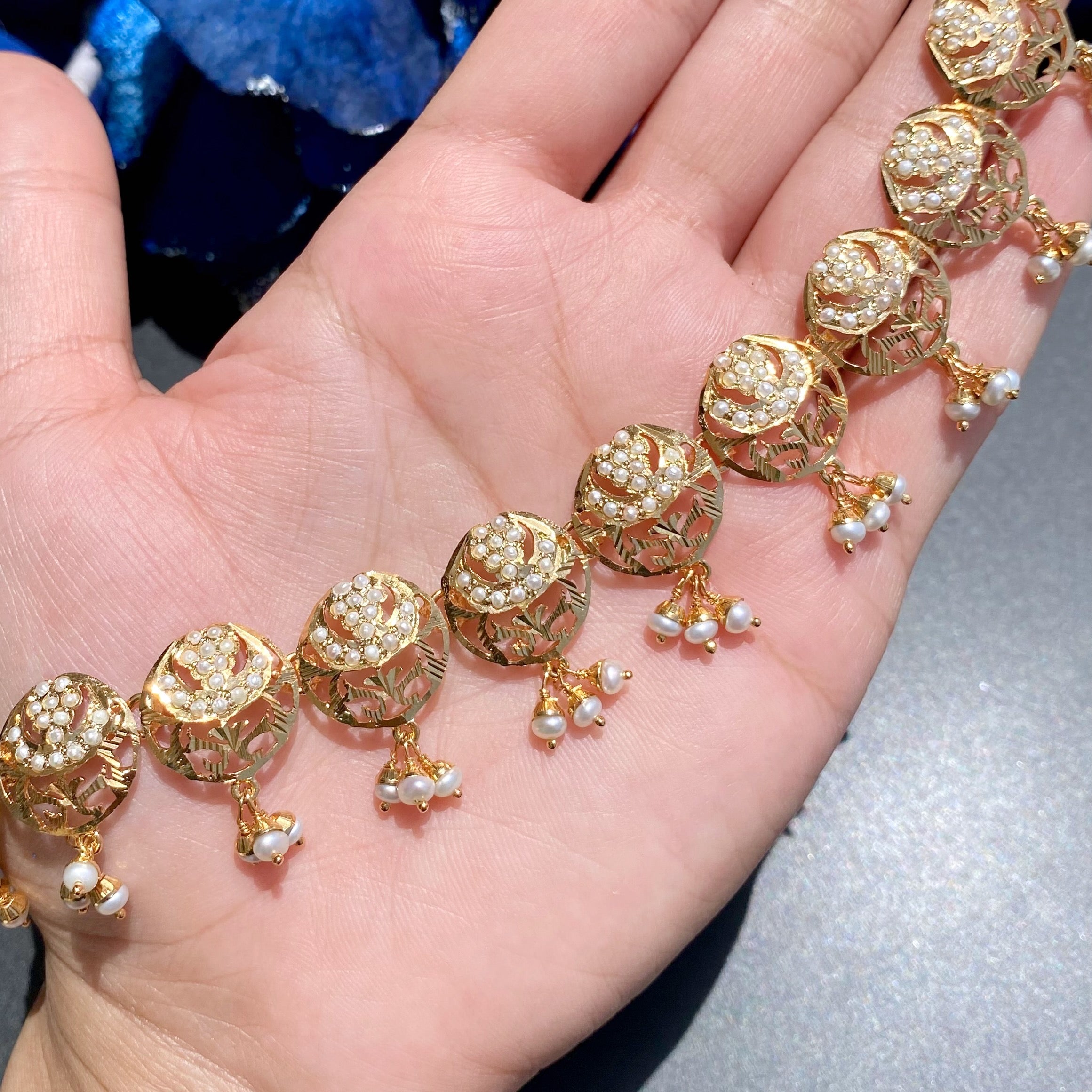 Intricately Designed Necklace Set with Jaali Work | Gold Plated on Silver | Freshwater Pearl Jewelry