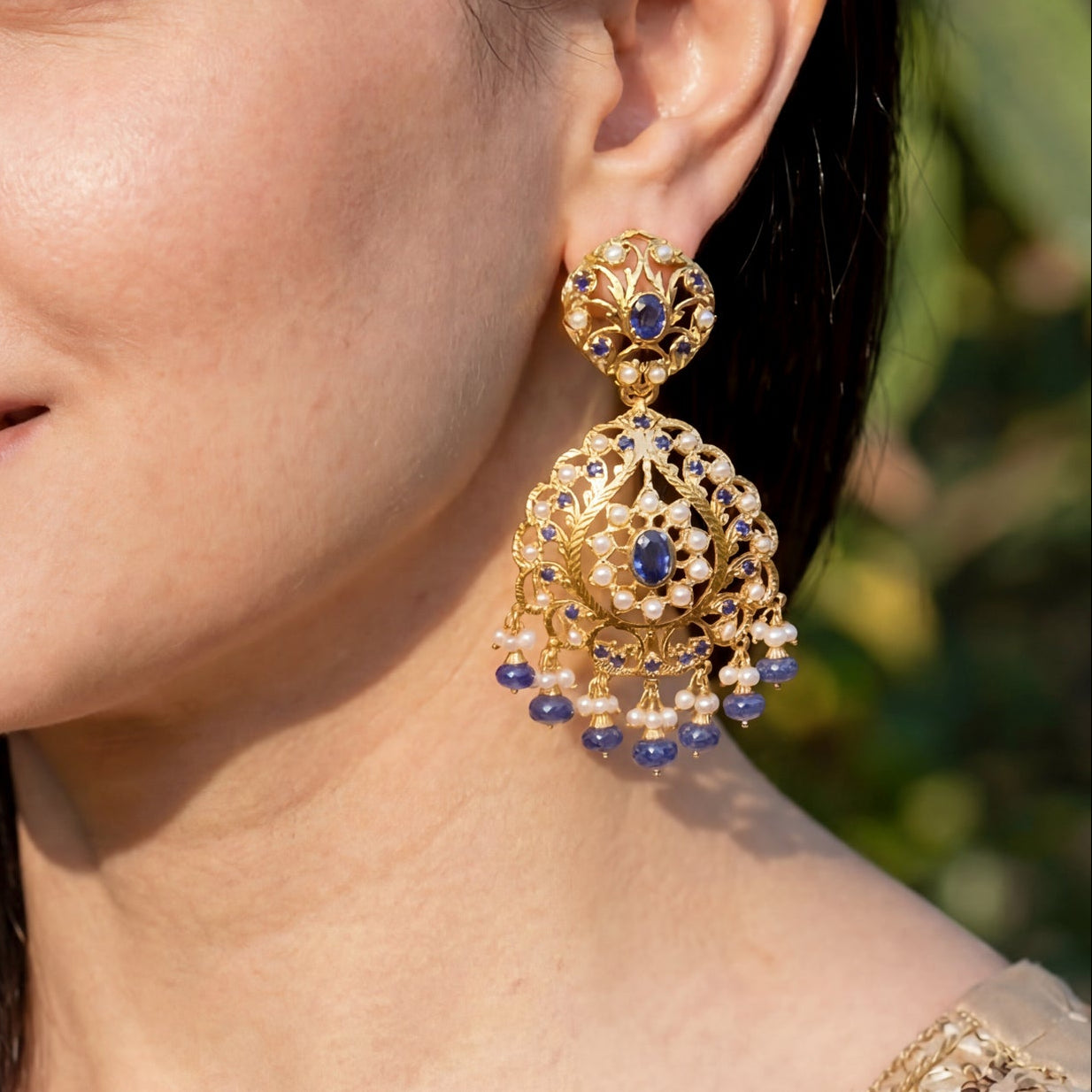 Gold Plated Earrings in 925 Silver Studded with Pearls & Blue Stones ER 224