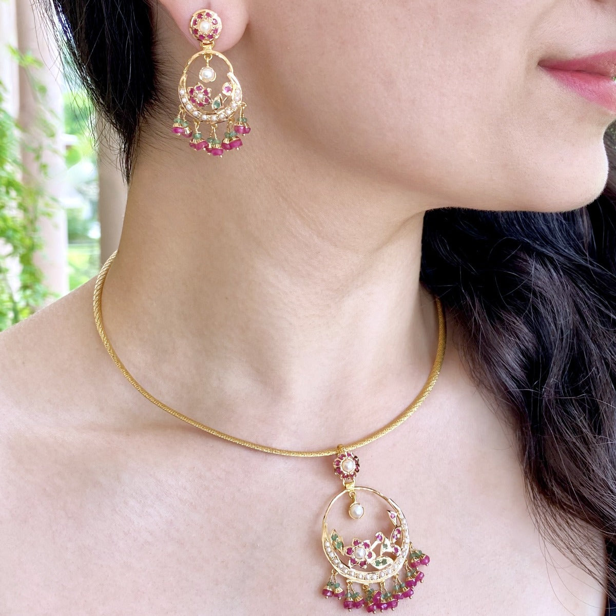 Multicoloured Jadau Pendant with Delicate Chandbali Earrings in Hallmarked 916 Gold GPS 051