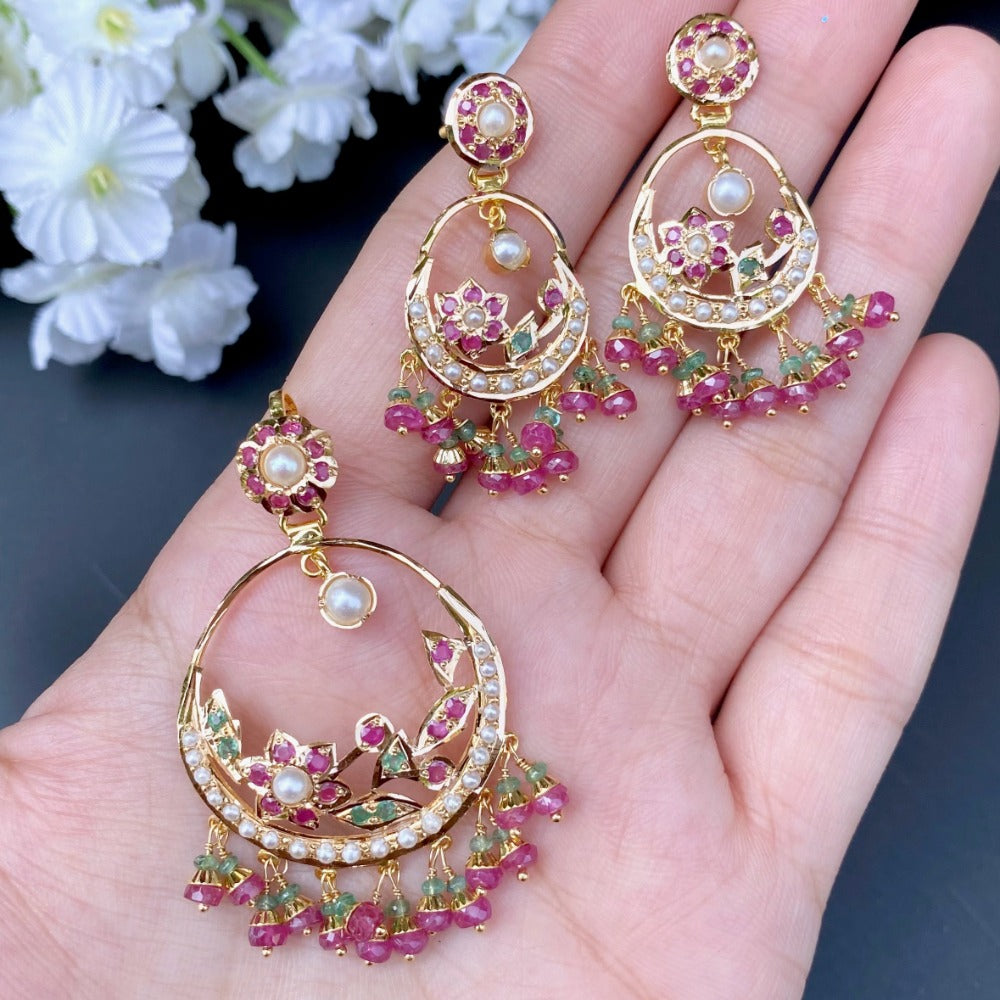 Multicoloured Jadau Pendant with Delicate Chandbali Earrings in Hallmarked 916 Gold GPS 051