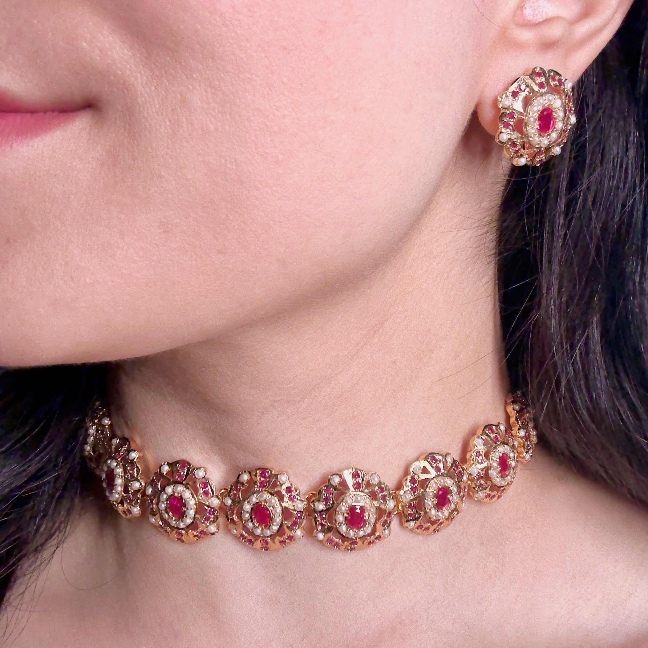 Delicate Indian Choker Set | Pearl Ruby Combination | Gold Plated on Silver NS 389