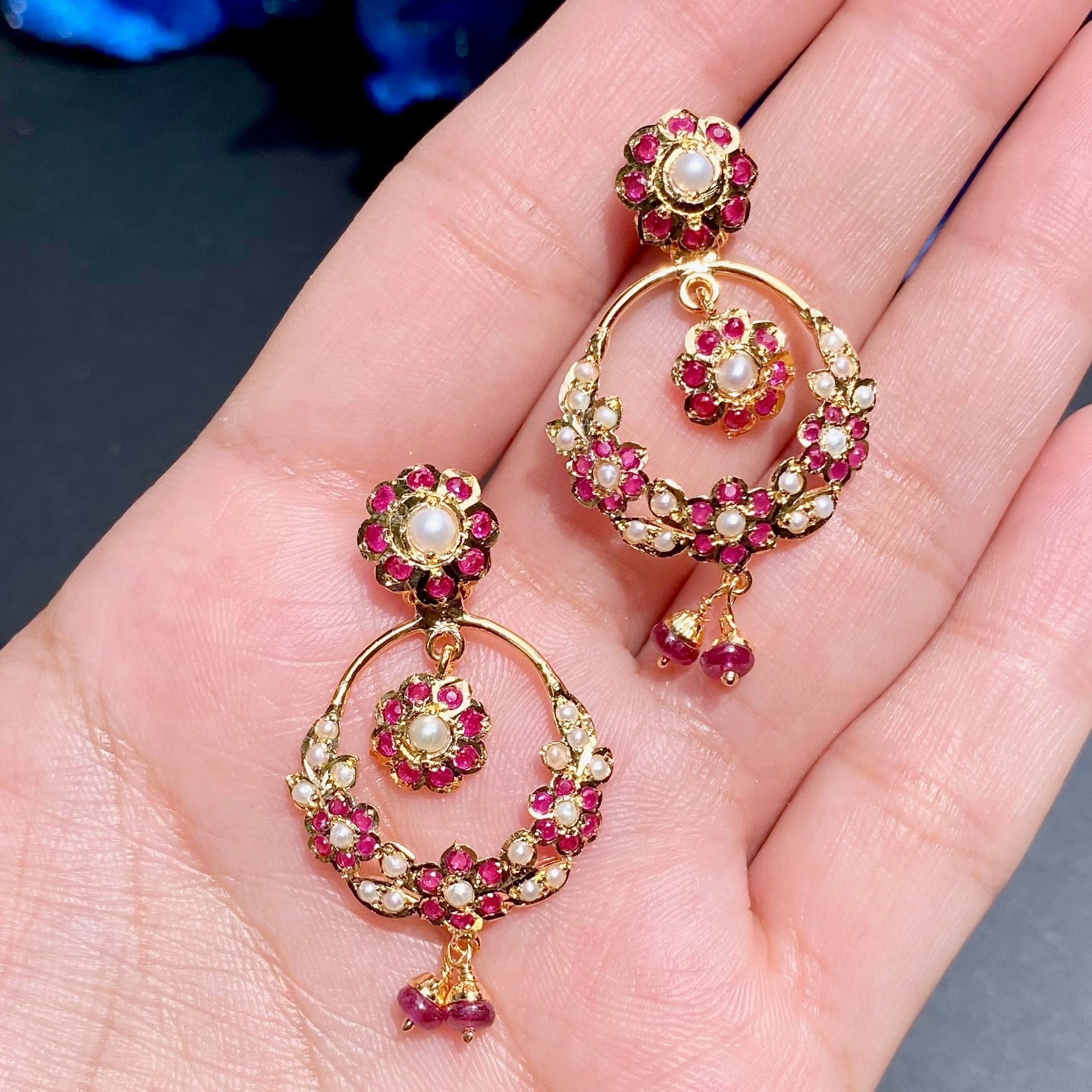 Gold Plated Floral Ruby Set | Delicate Necklace & Chandbali Earrings For Gifting NS 299