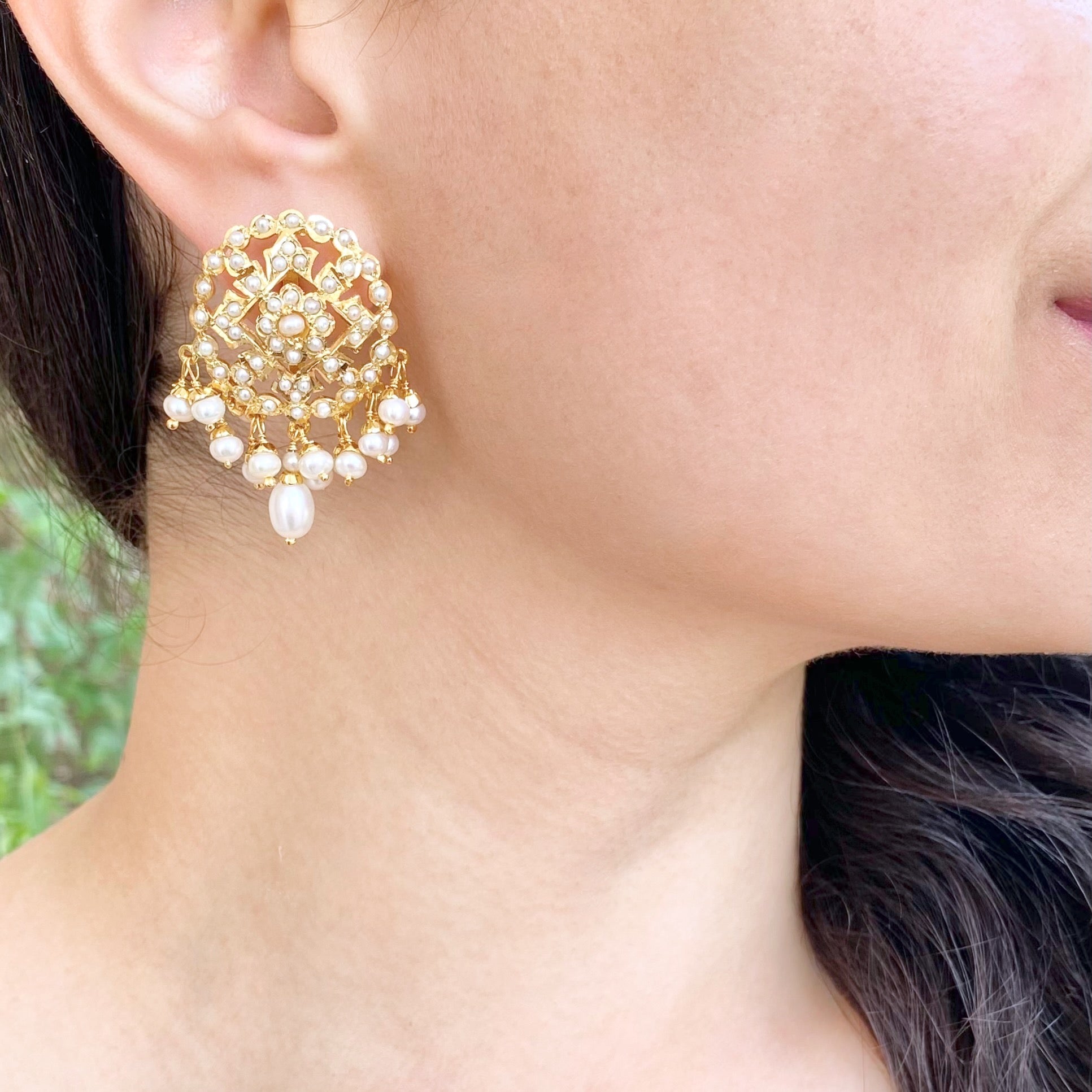 Jadau Pearl Studs in Gold Plated Silver ER 246