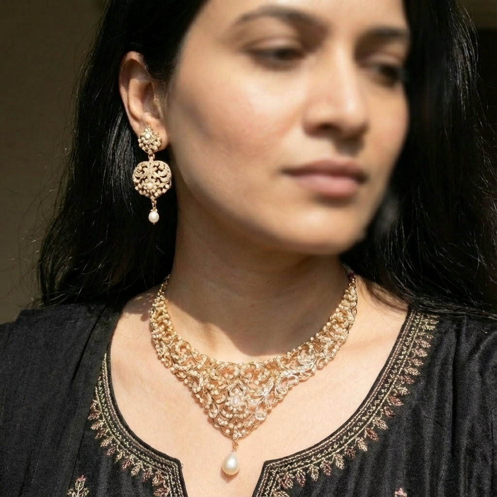 Pearl Necklace Set | Antique Design | Gold Plated on Silver NS 395