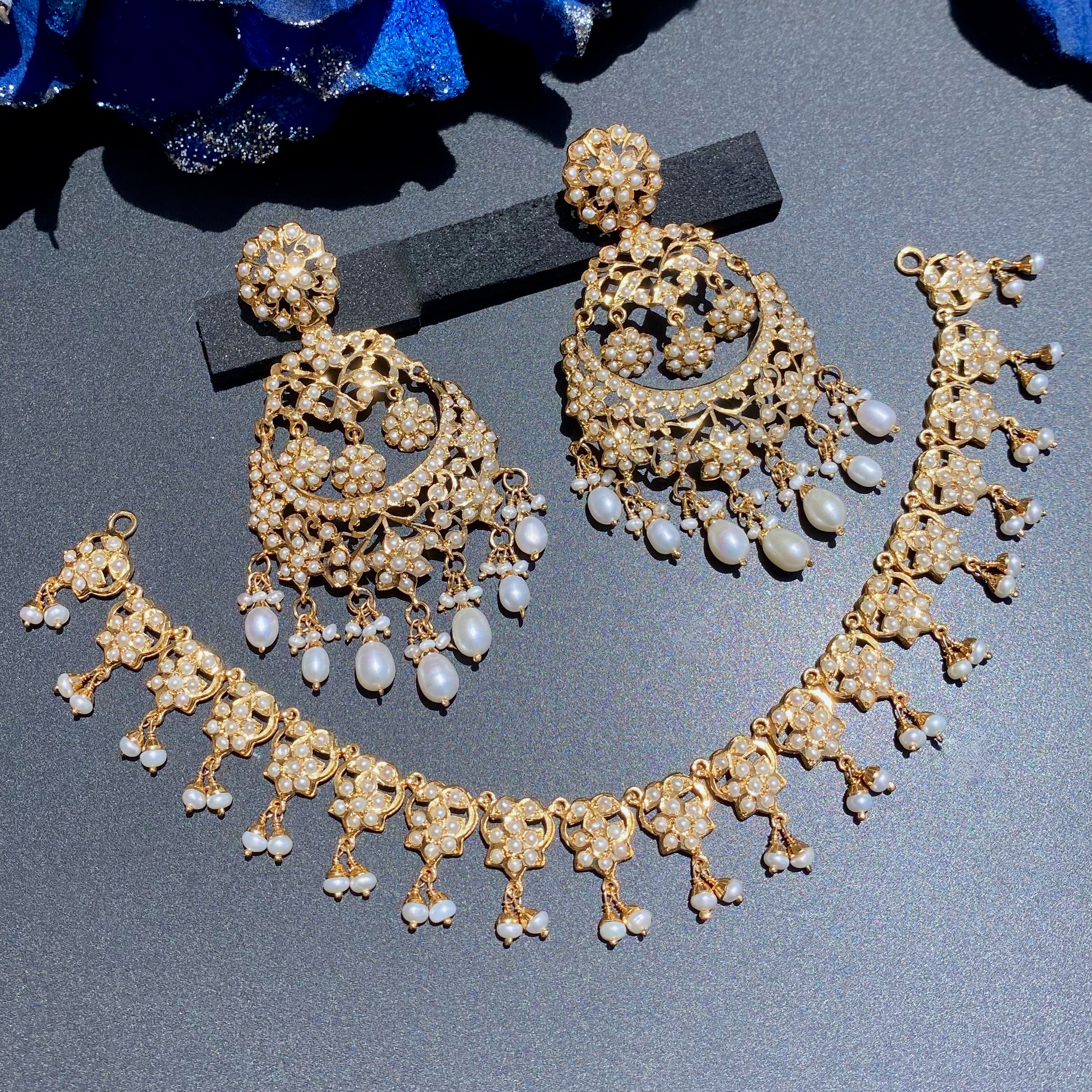 Delicate Necklace with Statement Chandbali Earrings | Traditional Indian Jewelry on Gold Plated Silver NS 447