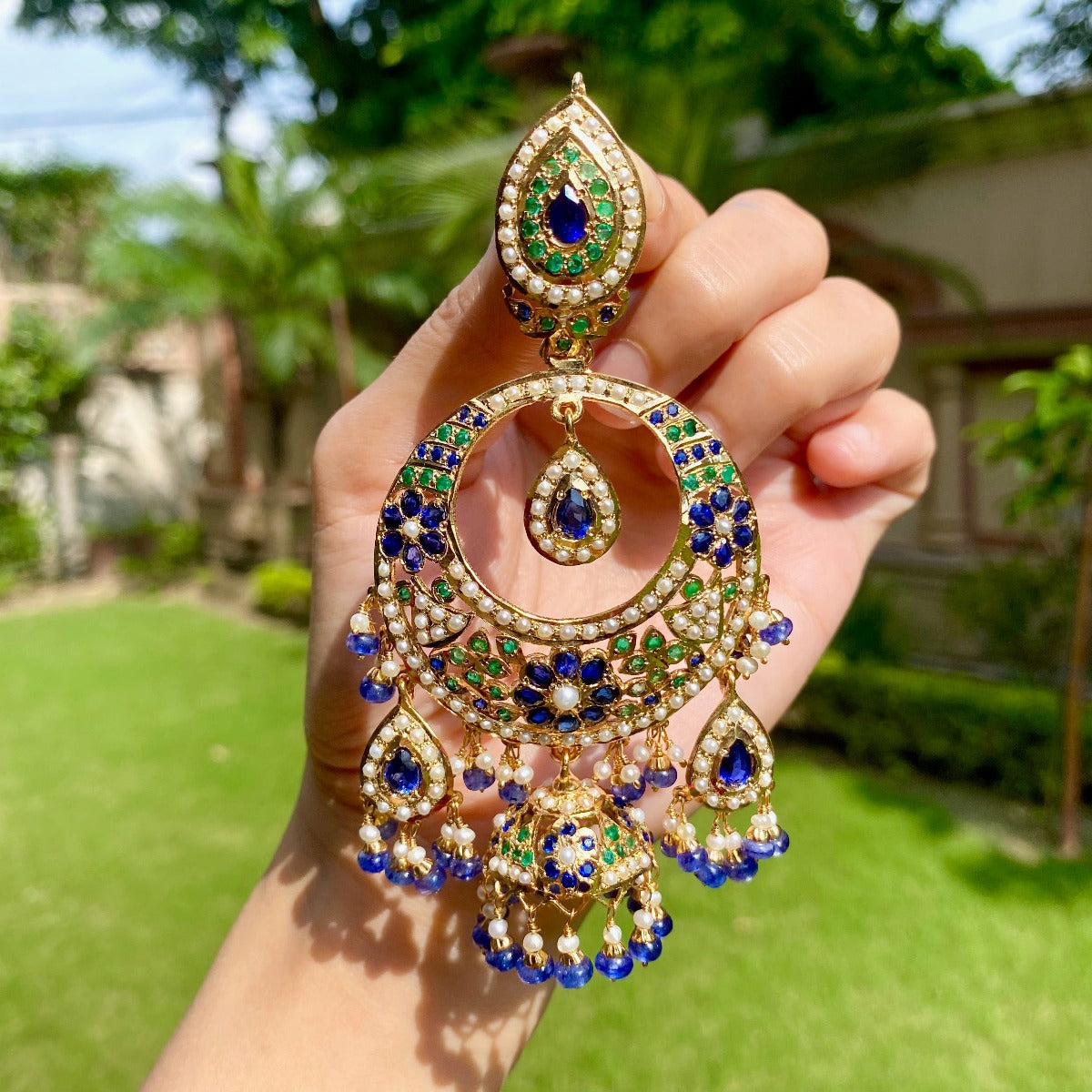 Huge Chandbali Earrings | Statement bridal wear Jadau Danglers with Jhumka | Gold Plated
