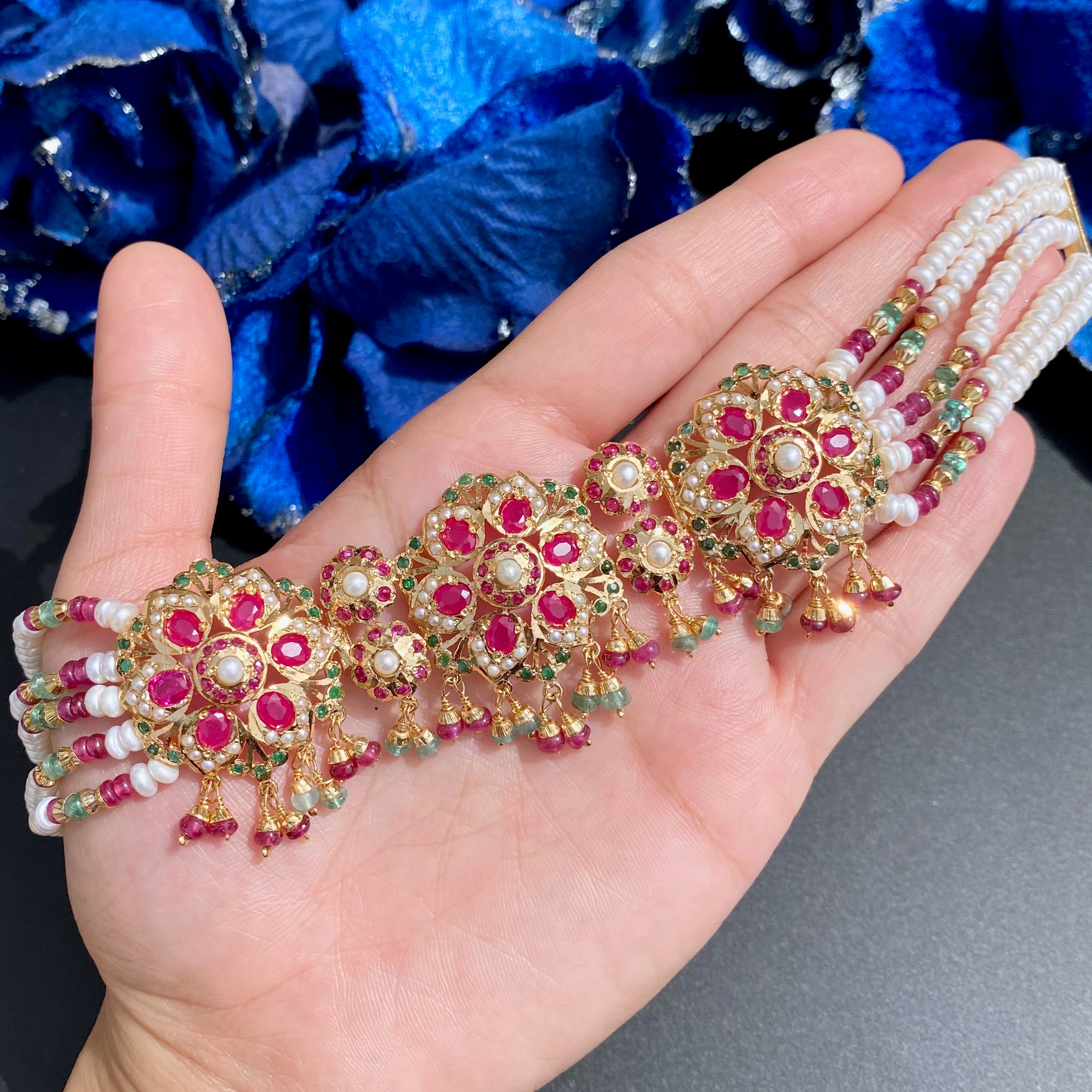 Exquisite Gold Plated Jadau Choker Set | Sterling Silver Base | Mix of Precious & Non Precious Stones NS 398